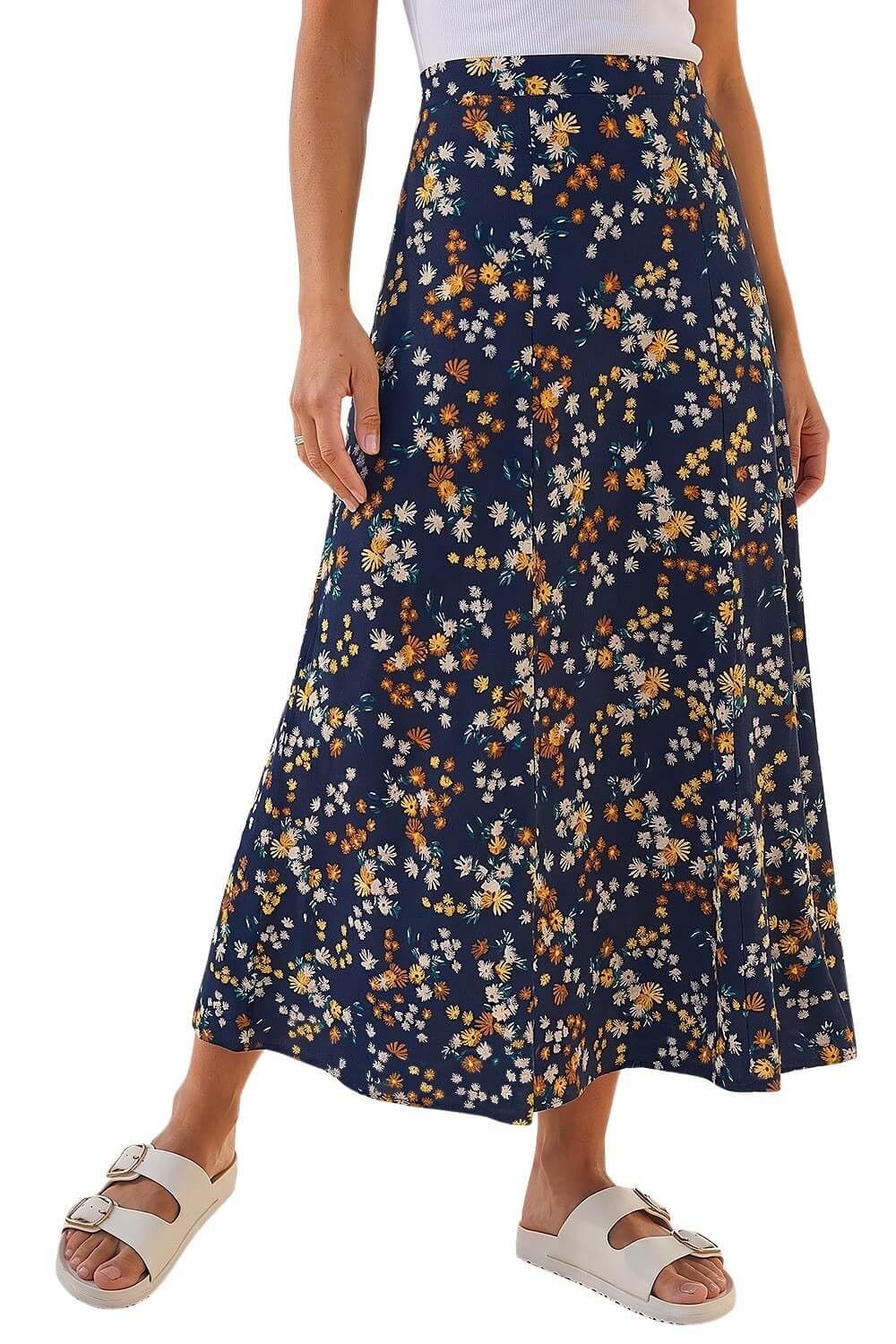 Roman Women's Navy Ditsy Floral Print Elastic Waist Midi Skirt In Size 20