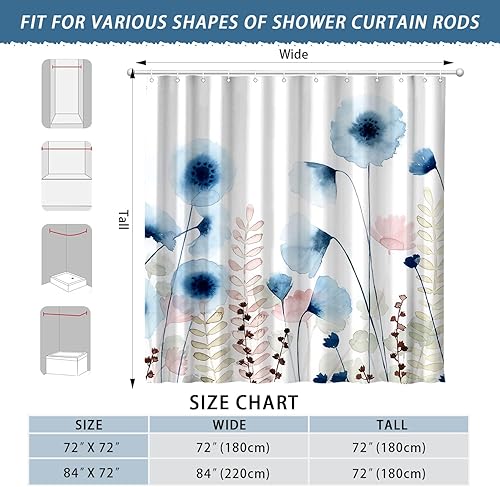 Miniatura 3 de Sunopas Juego de cortinas de ducha florales, acuarela de plantas de flores azules, cortinas de baño de estilo bohemio, cortina de ducha de tela
