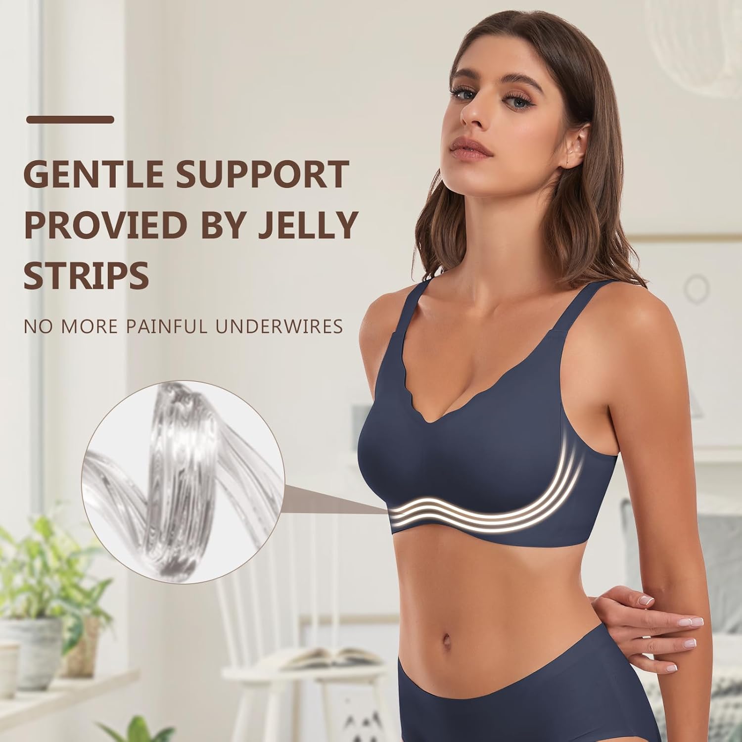 WOWENY Wireless Bras for Women No Underwire Seamless Bra Wavy Full Coverage Wide Strap V Neck Bralette Padded Push Up - Image 2