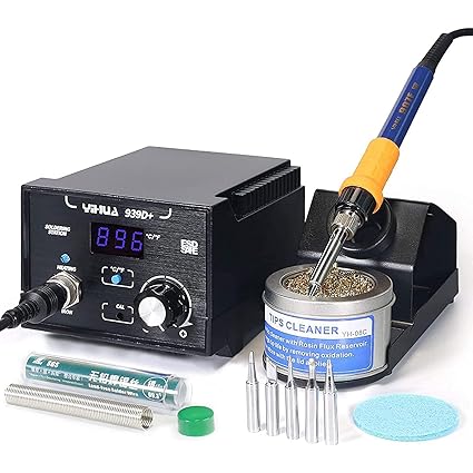 YIHUA 939D+ Digital Soldering Station, 75 Watt Equivalent with Temperature Control, ?C/?F Display. ESD safe for Electronics. Aluminum Panel (Resists Burn). Solder Tips, Lead-free Solder & Extras