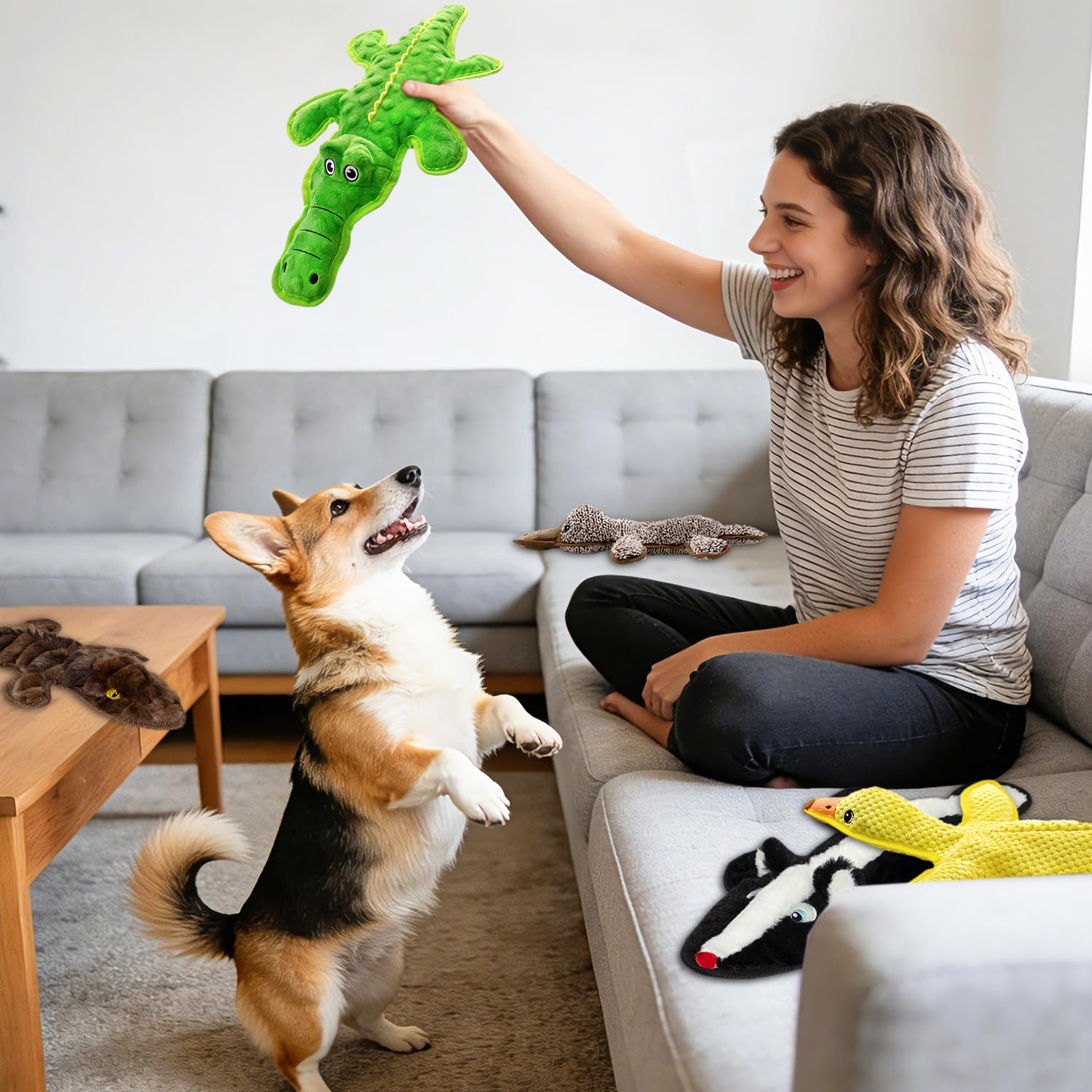 Giocattoli da masticare per cani senza imbottitura, confezione da 5 giocattoli da masticare con pieghe per tenerli occupati, giocattoli di peluche per dentizione per giocare al chiuso e