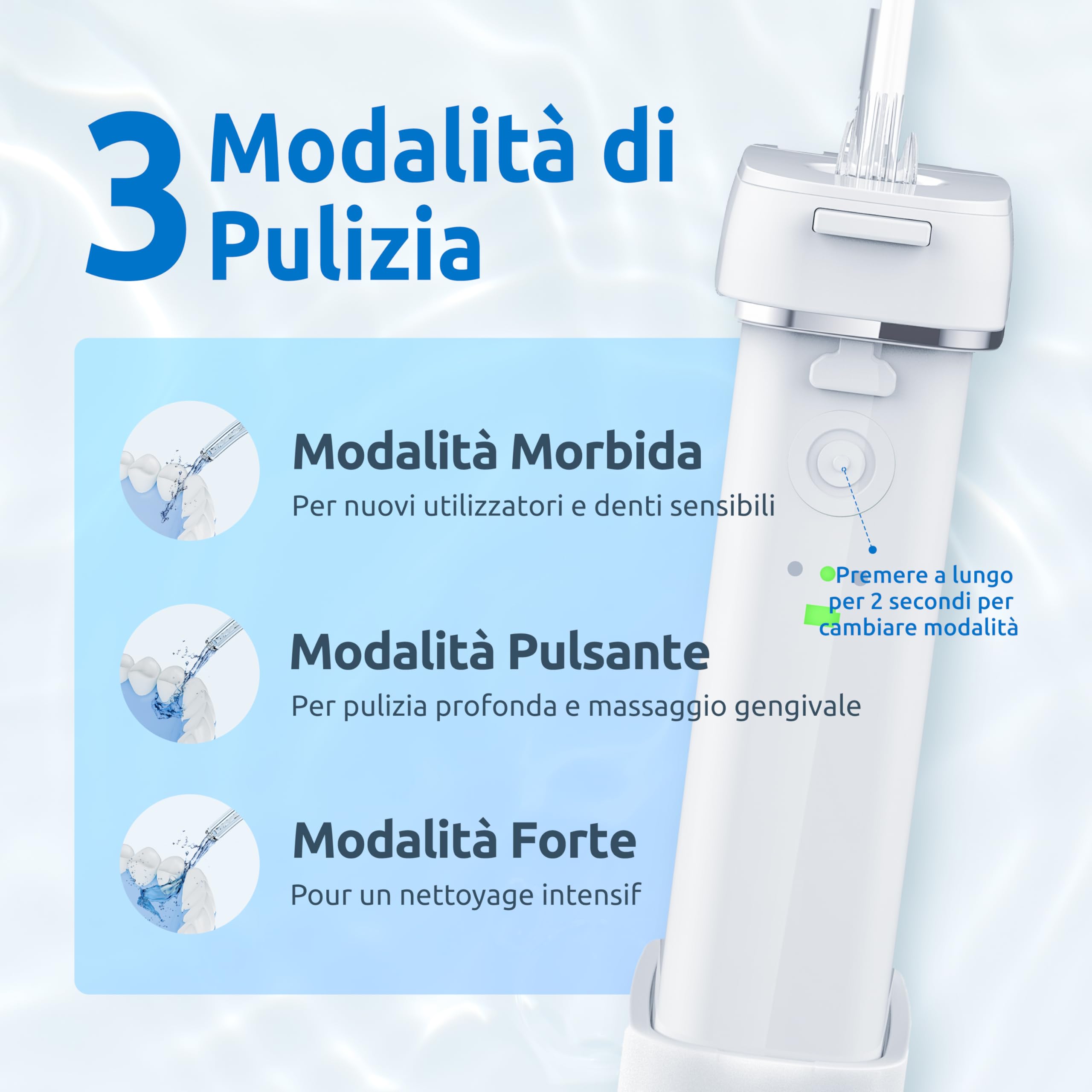 Idropulsore Dentale Portatile (Mini Cordless) Irrigatore Dentale,Serbatoio dell'acqua retrattile / IPX8 Impermeabile / 3 Modalità Water Flosser,Adatto a Viaggio e A casa Professionale Orale Irrigator