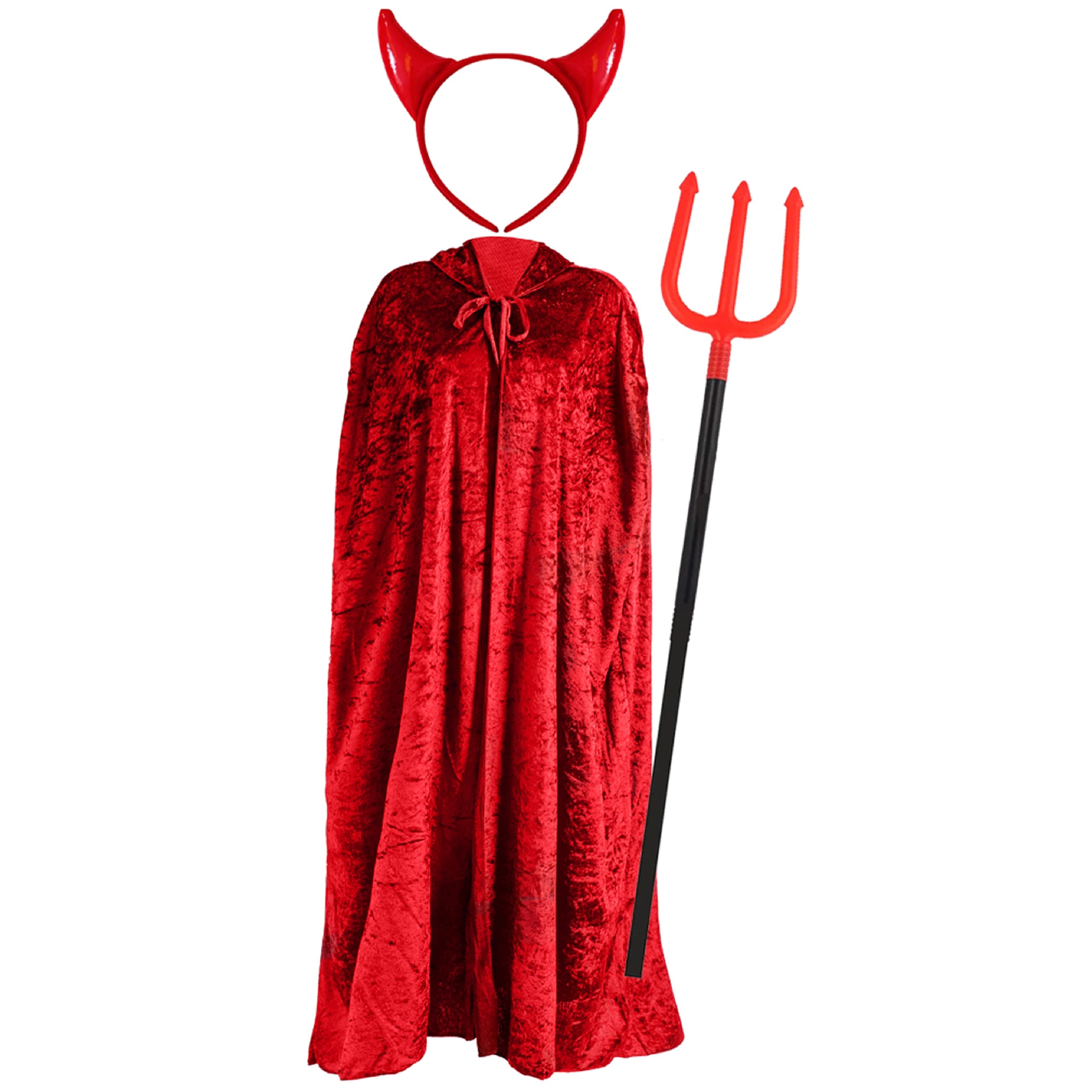 Adults Devil Costume Set - Red Velour Cape, Red Devil Horn Headband and 4 Piece Plastic Devil Fork Trident - Perfect for Devil Dress Up and Halloween Fancy Dress Events