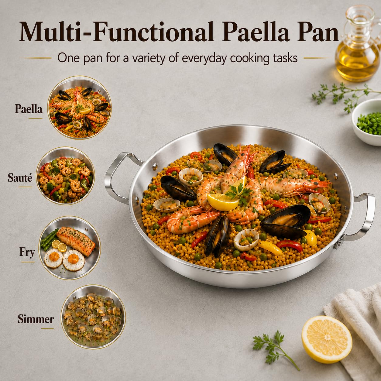 DELARLO 16" Stainless Steel Paella Pan -5