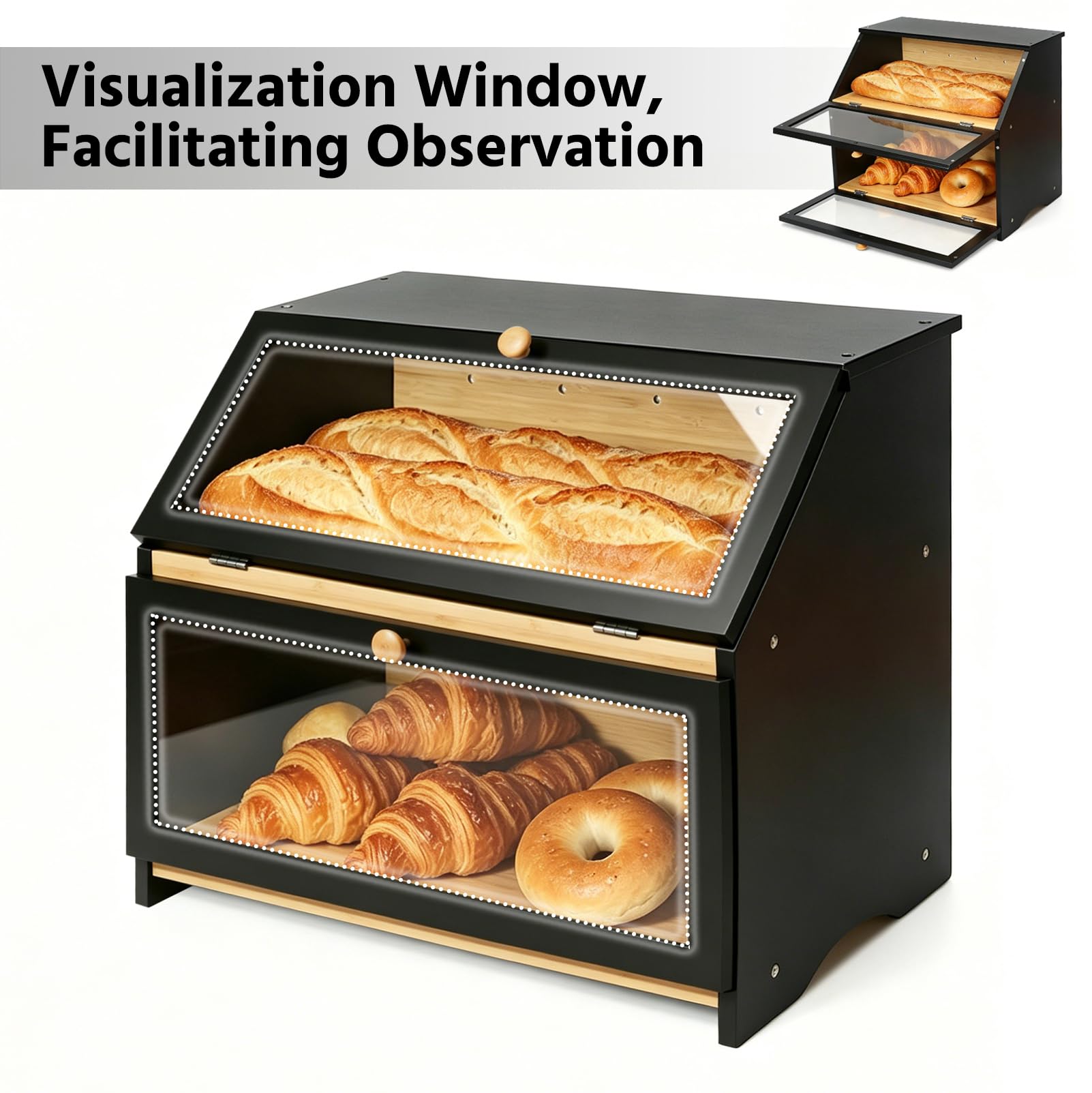 Panera de Bambú de 2 Niveles con Ventana Visible, Caja Grande para Almacenar pan y Tostadas, Botellas de Verduras y Especias del Gabinete de Pan, 39 x 25 x 32 cm (largo x ancho x alto), Negra