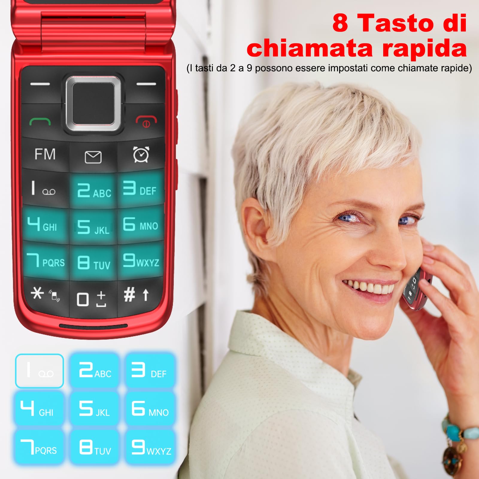 CHAKEYAKE 4G Telefono Cellulare per Anziani,Dual SIM, Flip Telefoni Cellulari con Tasti Grandi, Funzione SOS, Volume alto, 2.4"+1.77" Doppio Display, Torcia, Base (Rosso)