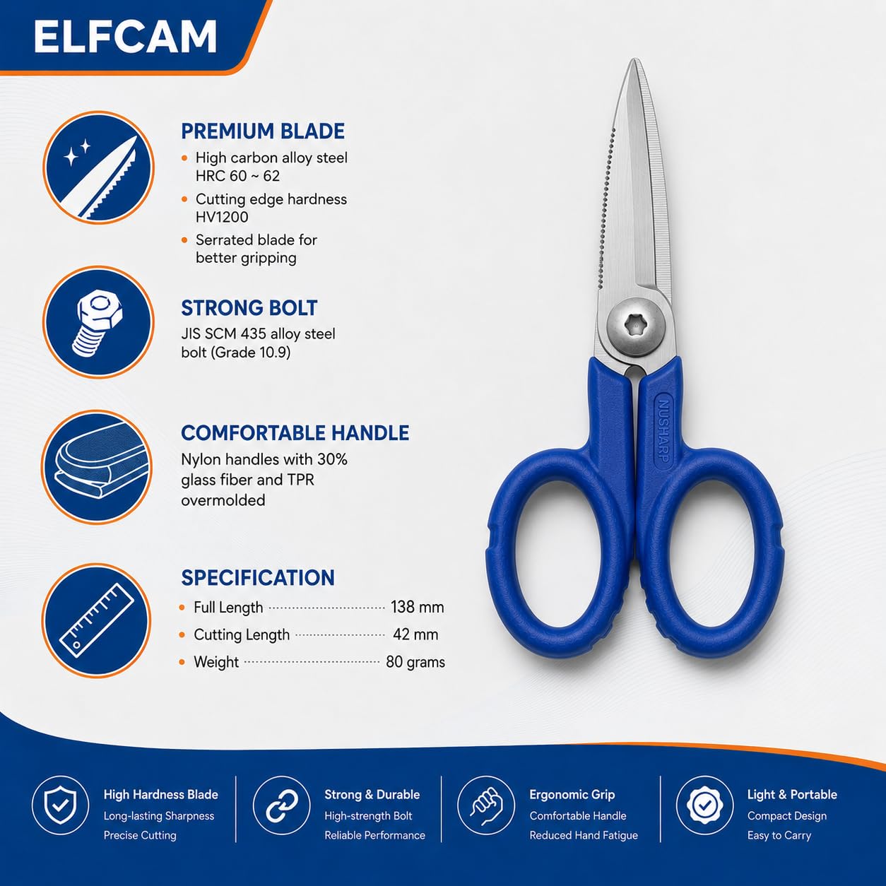 Elfcam Tijeras Multiusos 138 mm de Acero para Kevlar y Fibra Óptica | Tijeras multiusos de 138 mm en acero de aleación para Kevlar, fibra óptica, cables, plástico y uso diario.