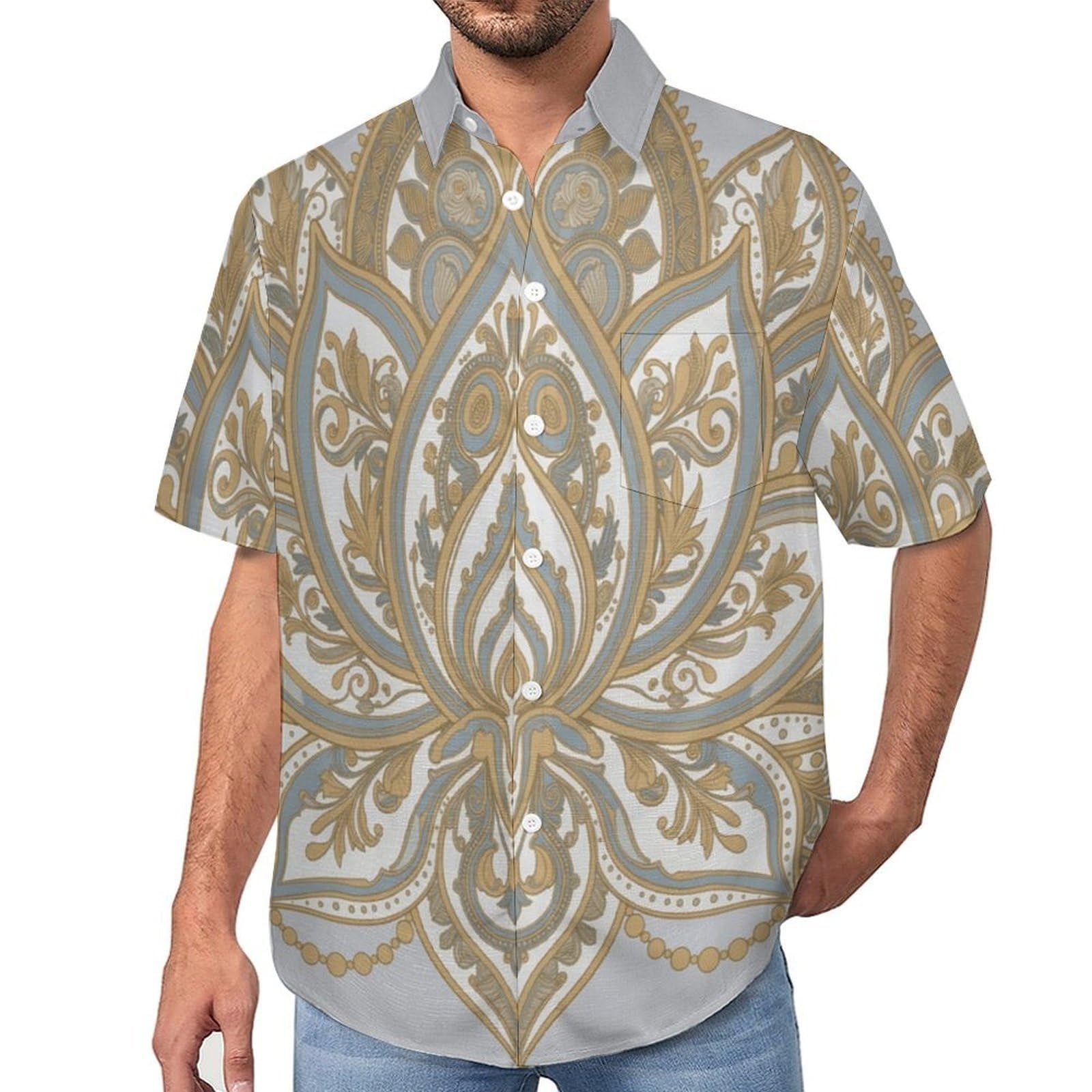 Camicia da Uomo Button Down con Stampa Loto Mandala, Arte Tradizionale Camicia Hawaiana Casual a Maniche Corte Camicie da Spiaggia Camicie da Vacanza