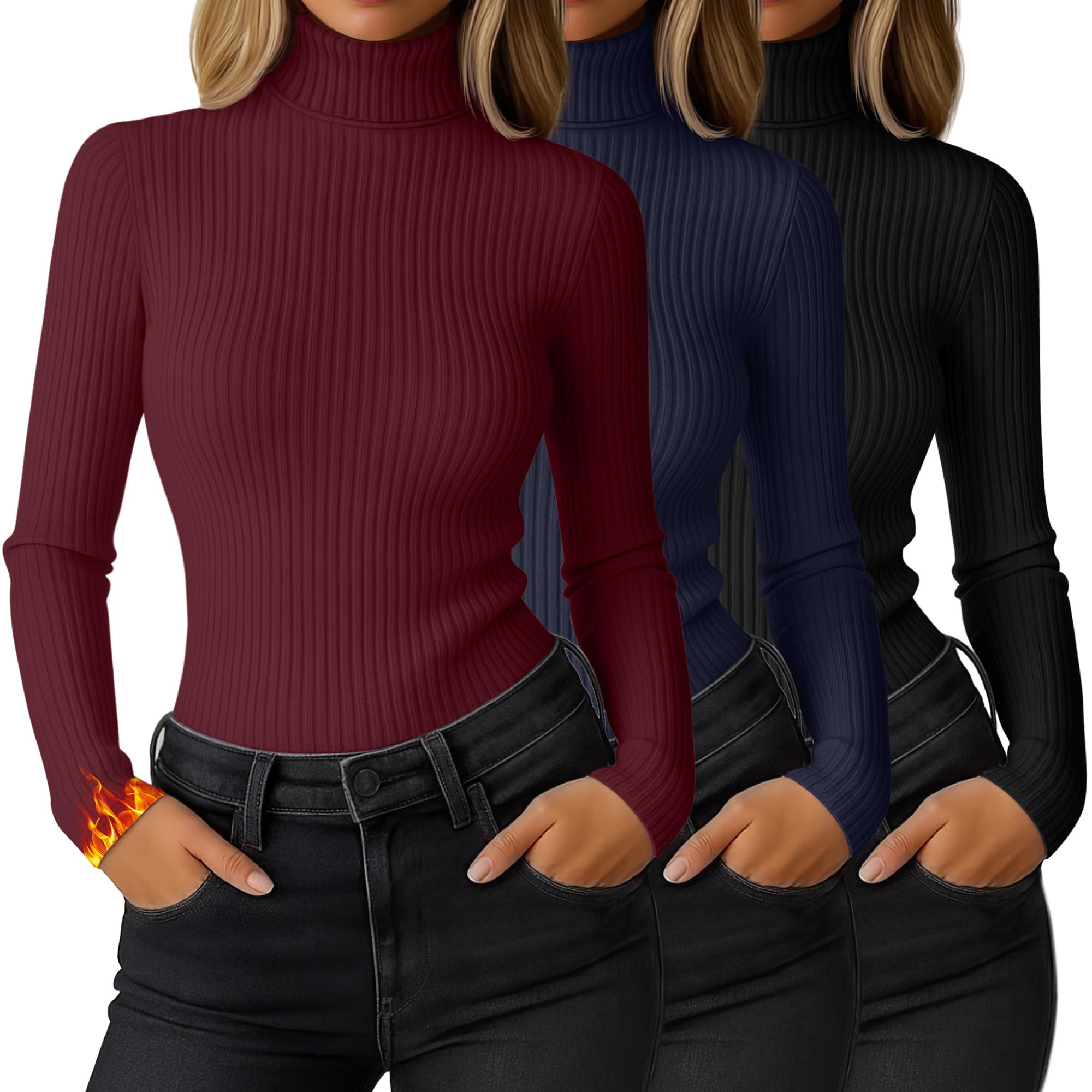 Ficerd Lot de 3 Hauts Col Roulé Thermique Femme à Manches Longues Côtelé Élastique Ajusté Léger T-Shirt de Base