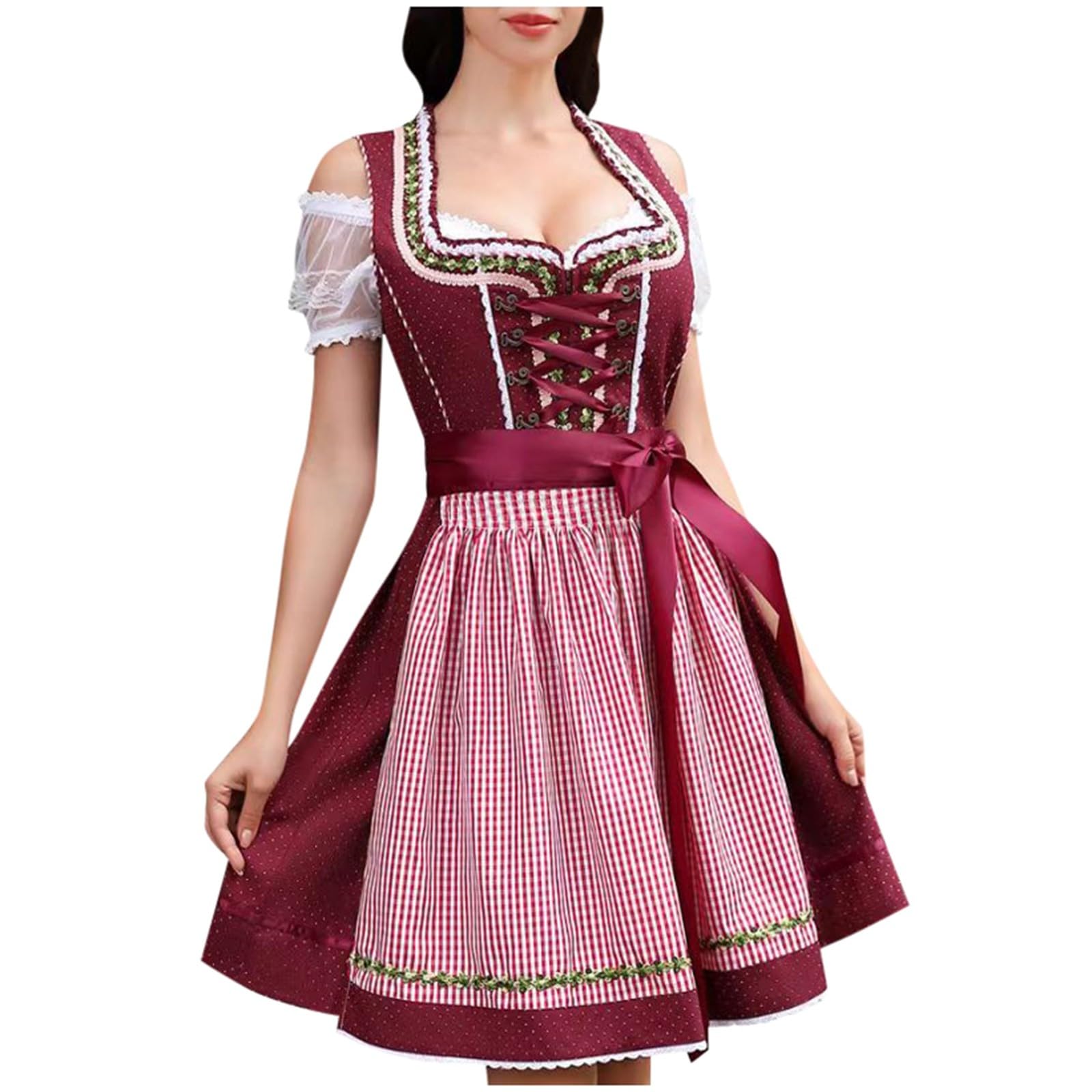 Generisch Dirndl Midi Dirndl Mit Bluse Und Schürze Off Shoulder Oktoberfest Set Damen Kariert Kleid Trachtenmode Klassisches Schürze Für Karneval Dirndlschürzen Dirndlschürze