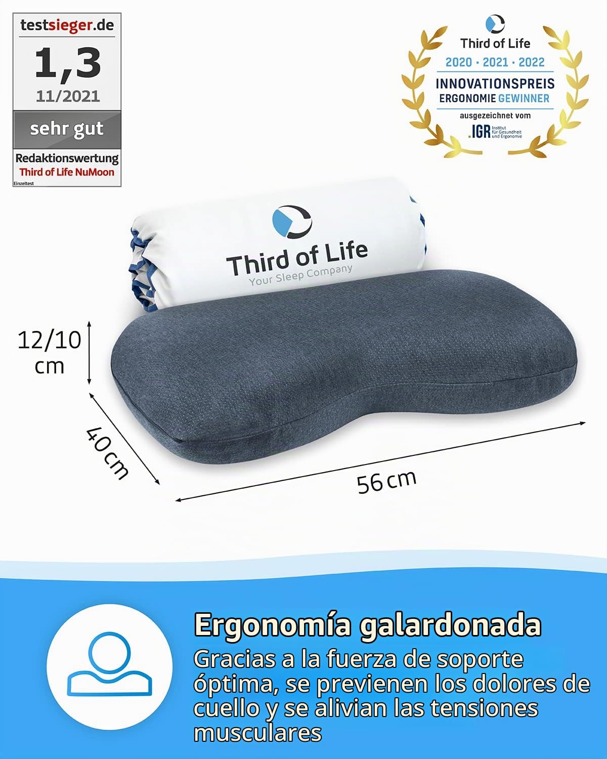 Almohada cervical NuMOON QuickDry de espuma viscoelástica, funda climática de secado rápido, almohada para dormir de lado y boca arriba, almohada ergonómica con hueco para la cabeza, 55 x 40 x 12 cm