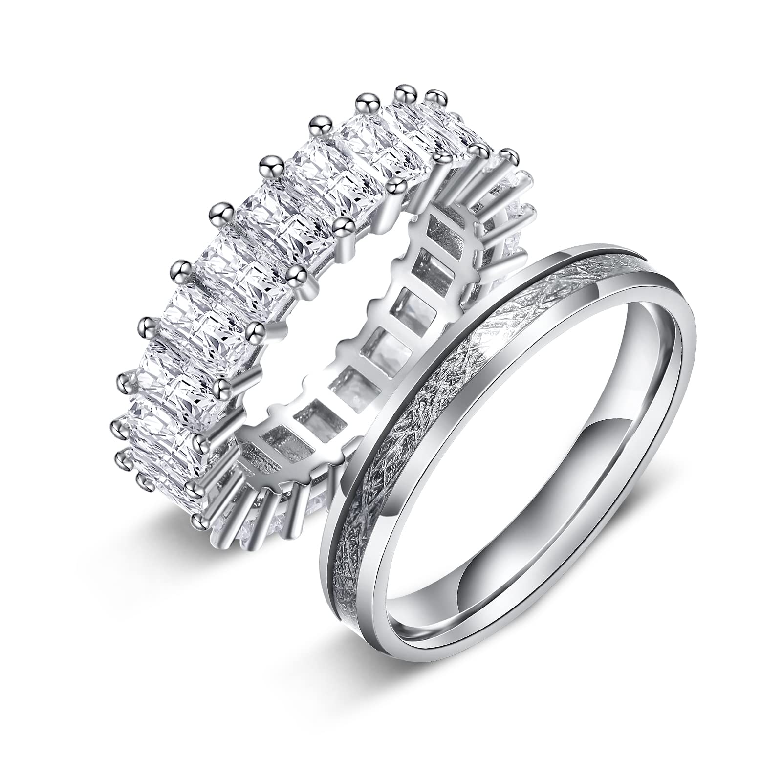 GALANI 2 anillos de plata de acero inoxidable para hombre y mujer, anillo de compromiso, anillo de amistad con diamante y pegatina de meteorito, 4 mm, 5 mm, anillo de plata, ajuste cómodo, tamaño 52