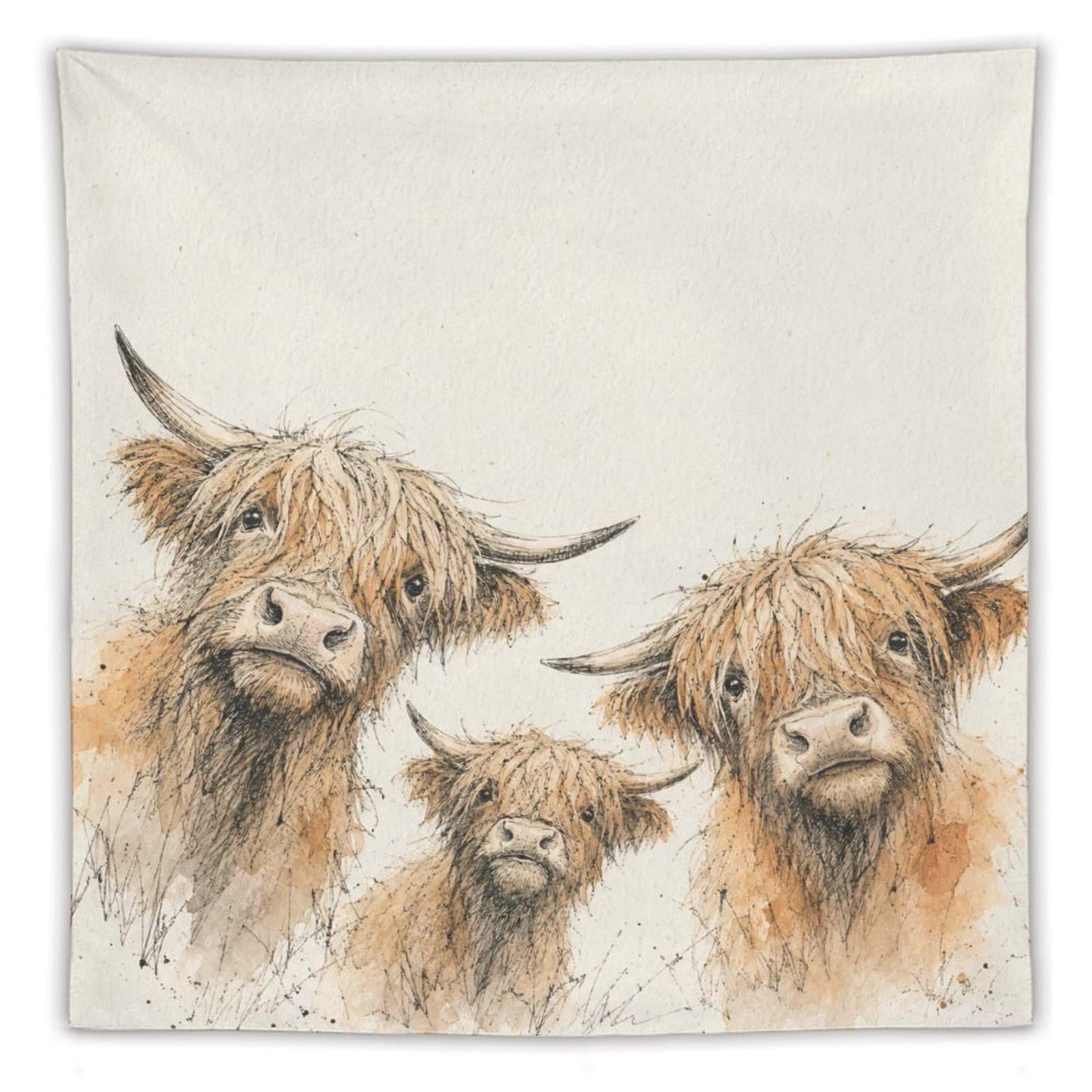 W7C8U2X3 Highland Cow Family Wall Tapestry, Watercolor Style, Sofa Area