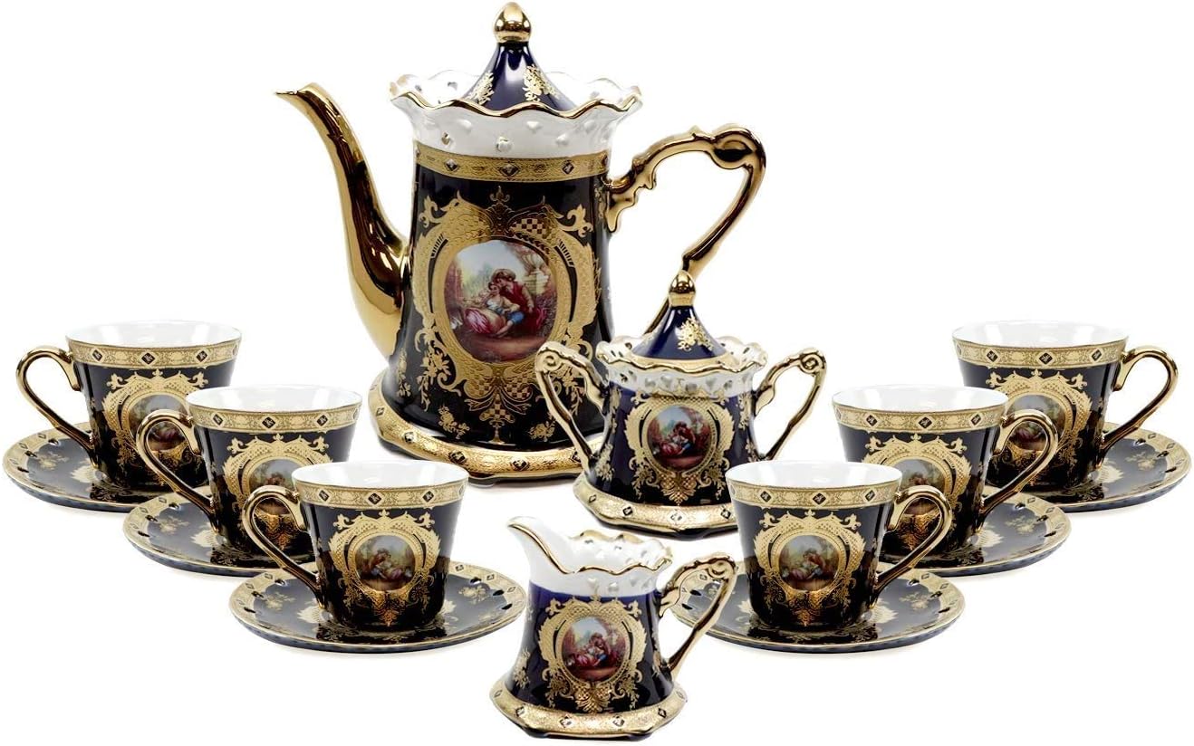 Limoges Style 17 pieces Romance (Romeo & Juliet) Design Tea Set in Cobalt Blue & Gold Floral Design Gift Boxed, Service for 6 Person, by Ashley Gifts