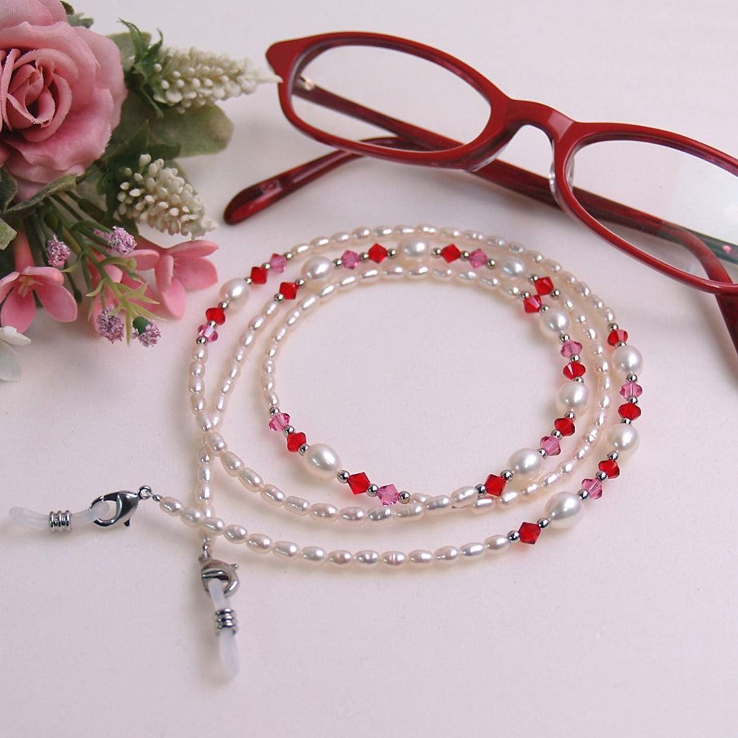 [ショップループ] バイカラースワロフスキー 淡水パール めがねチェーン レッド&times;ピンク 眼鏡チェーン グラスコード メガネチェーン