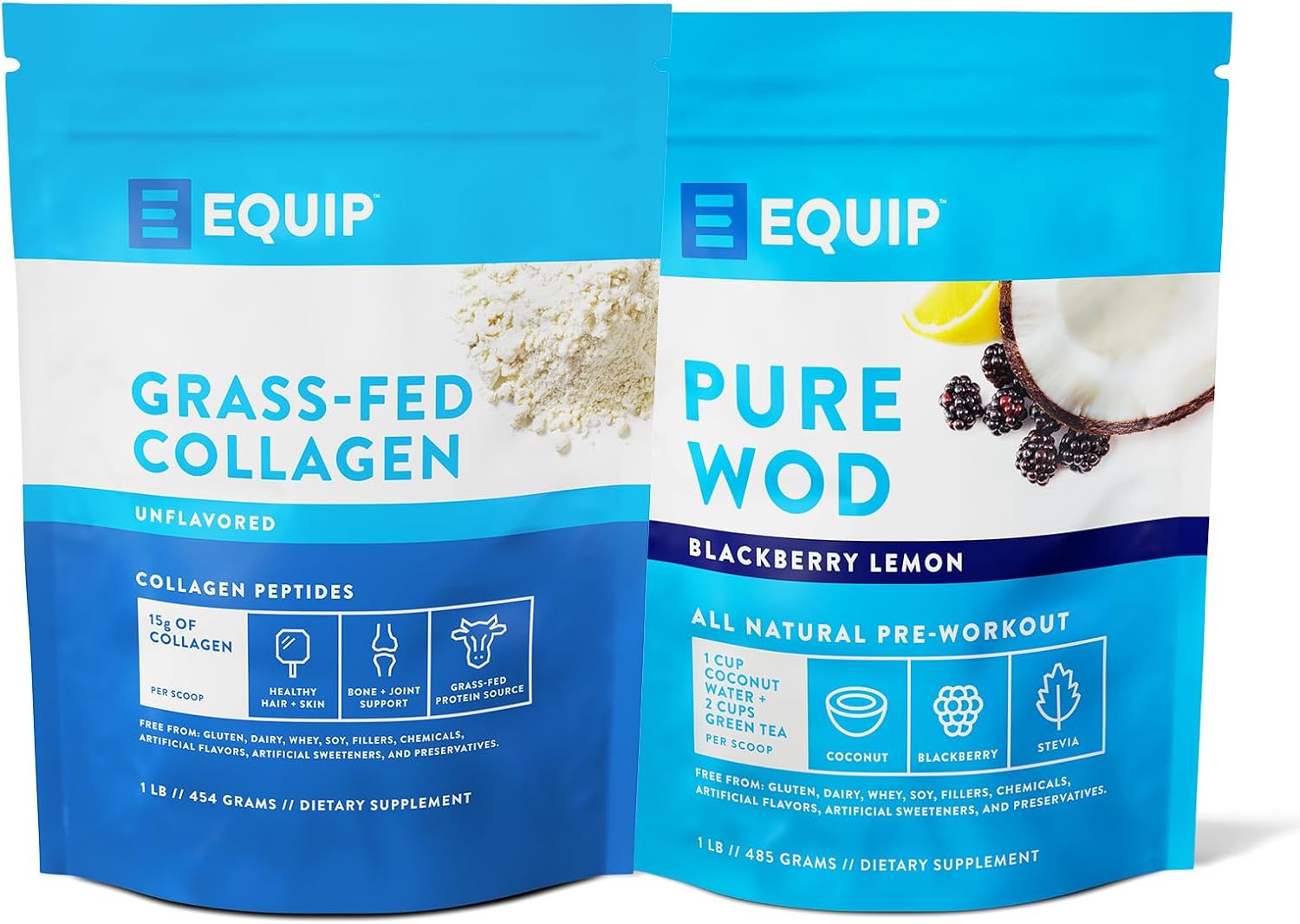 Equip Foods Collagen Powder Unflavored & Purewod Natural PreWorkout Energy Powder