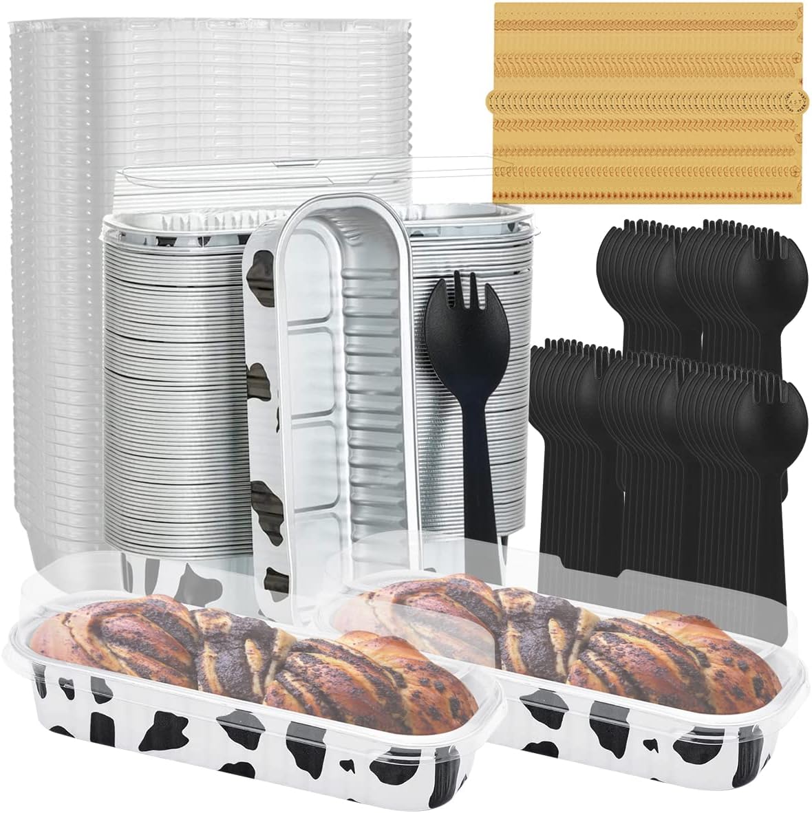 200Pcs Mini Loaf Pans with Lids and Spoons, 200ml NonStick Aluminum Foil Baking