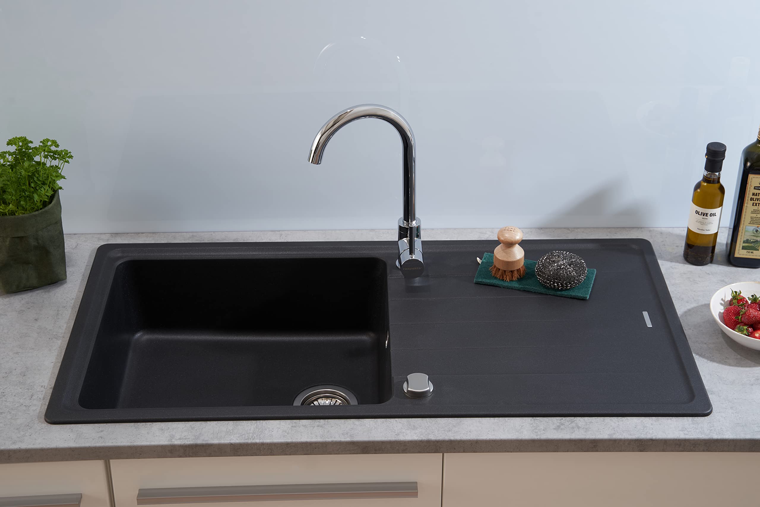 Respekta Columbia Massivgranit Spüle in Schwarz / 1 Becken Einbauspüle in 100 x 50 cm/Spülbecken geeignet für Unterschränke ab 60 cm Breite