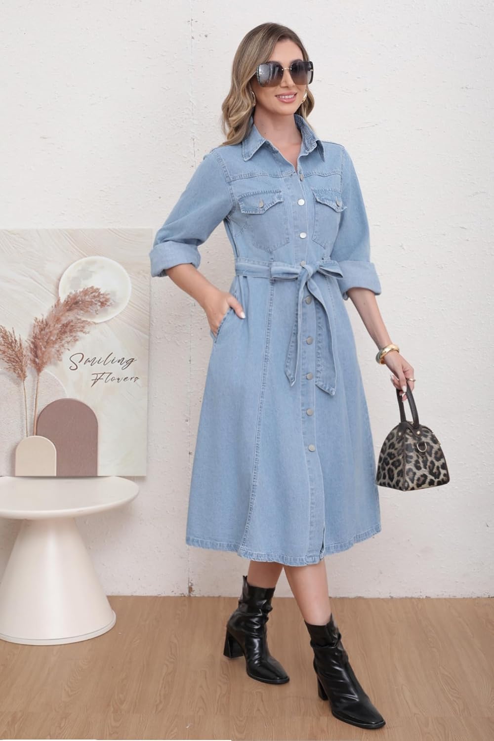 utcoco Denim Dress for Women 2025 Casual Belted Long Sleeve Button Down Midi Jean Dresses with Pockets - Image 4