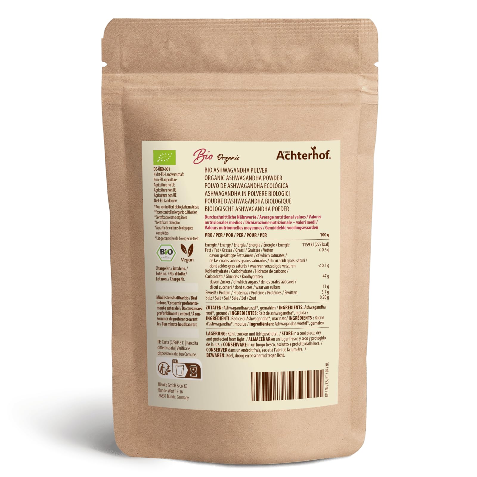 Ashwagandha poudre Bio 500g | véritable racine d'ashwagandha moulue d'Inde | ginseng indien | Ayurveda | idéal pour ajouter aux smoothies, jus et lait doré | vom Achterhof