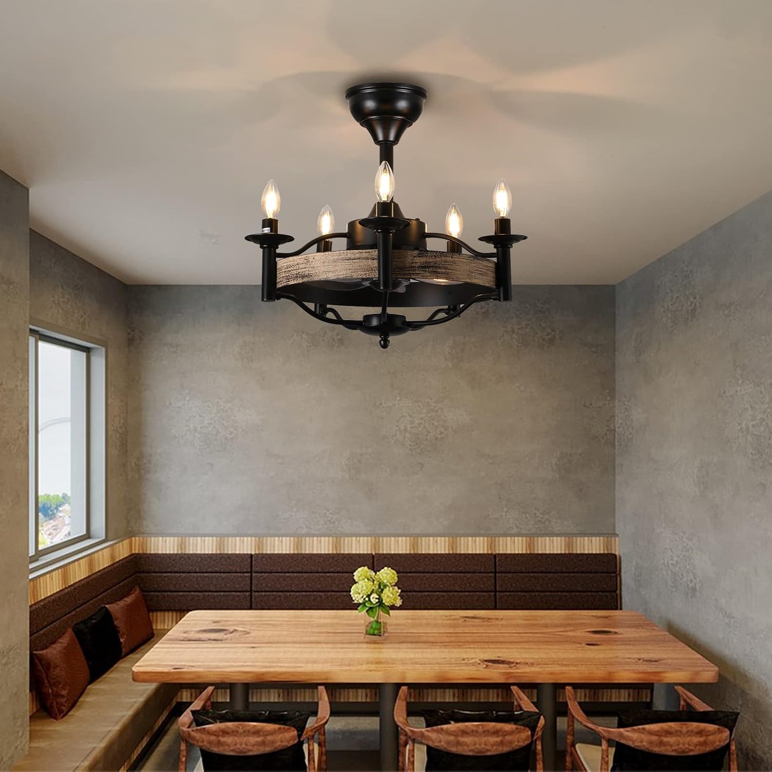 21.2" Modern Black Rustic Industrial Ceiling Fan with Light, Caged Ceiling Fan with Remote Control, Fandelier for Living Room