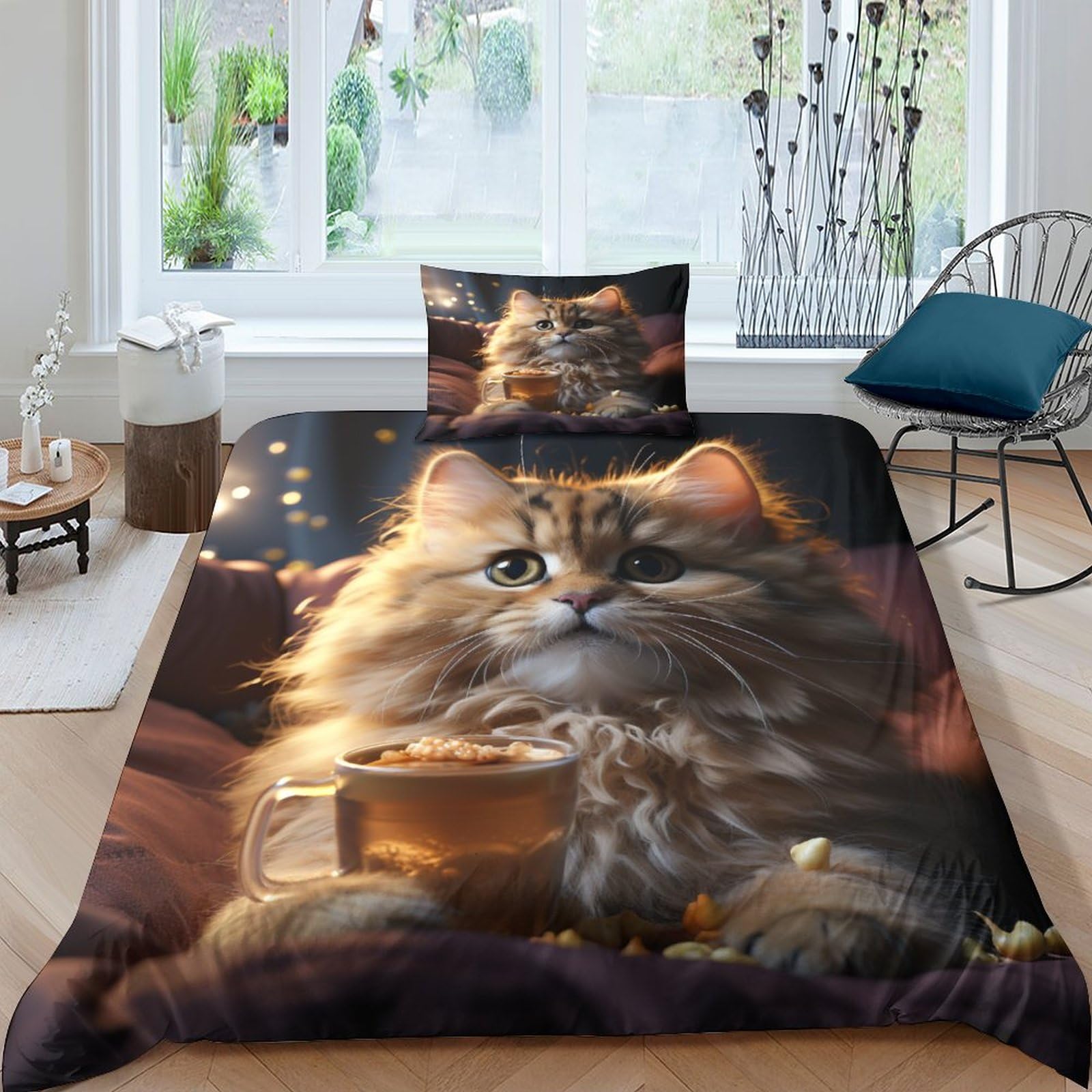 Housse de couette lit motif chat et café pour chambre cosy ado