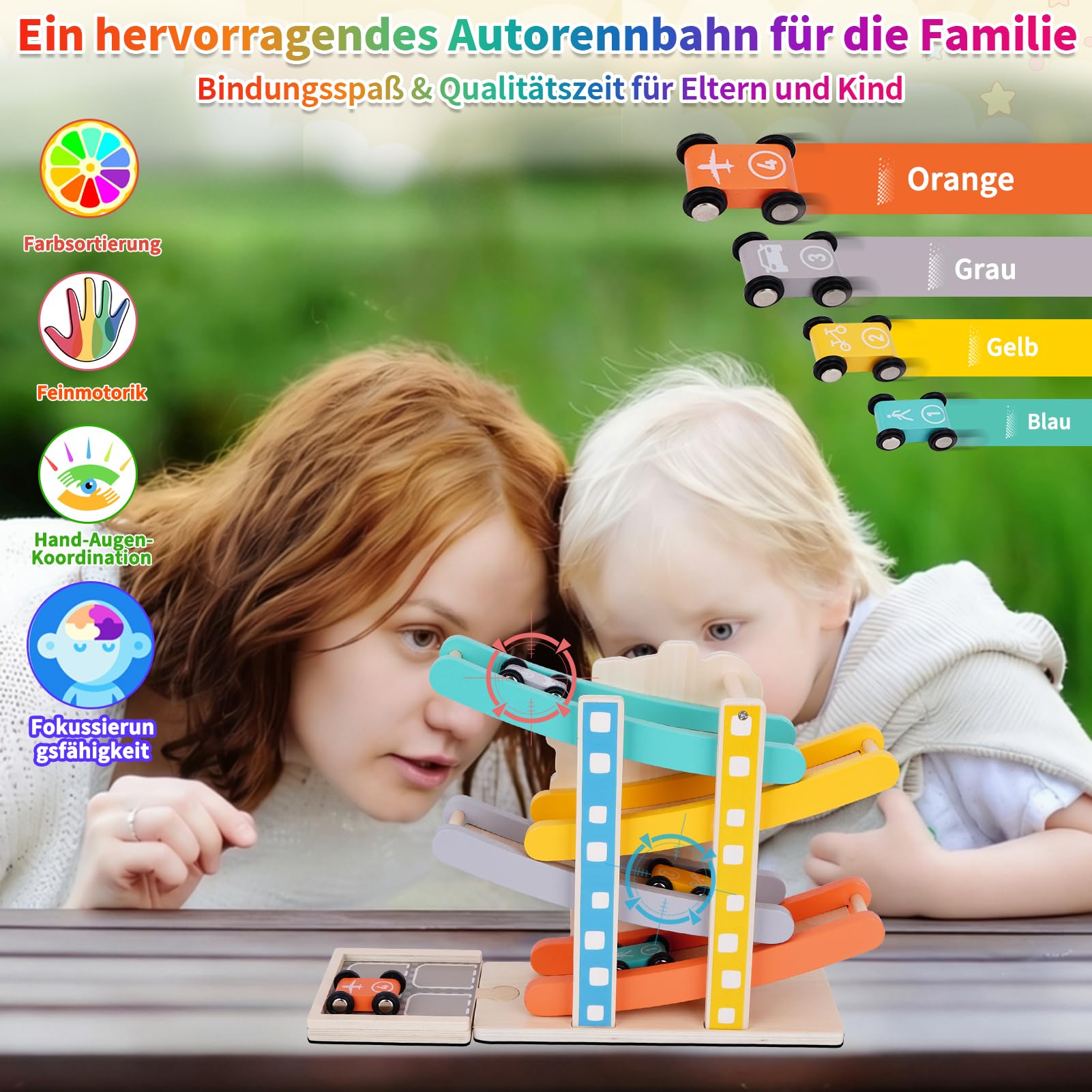 FCSONU Kinder Montessori Spielzeug ab 1-4 Jahre, Autorennbahn/Murmelbahn/Kugelbahn Holz ab 1 Jahr, Kinderspielzeug Holzspielzeug ab 1 2 3 Jahr, Weihnachten Geburtstag Geschenk für Junge Mädchen Baby