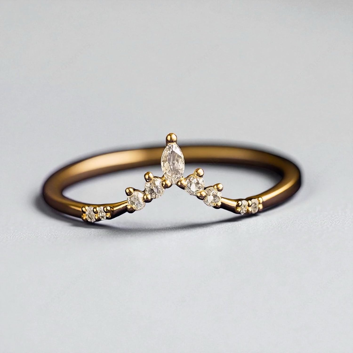 Marquise Cut Moissanite Gold V Shaped Engagement Band, Diamond Chevron Wedding Ring, Stacking Valentines Day Ring, Dainty Bridal Jewelry Gift