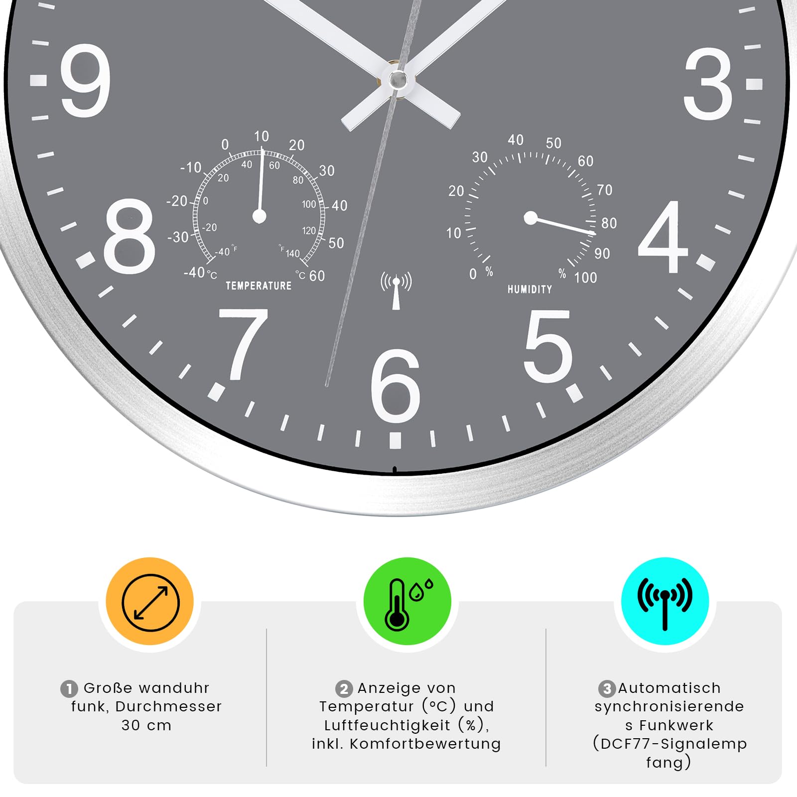 Reloj de pared inalámbrico con indicador de temperatura, 30 cm