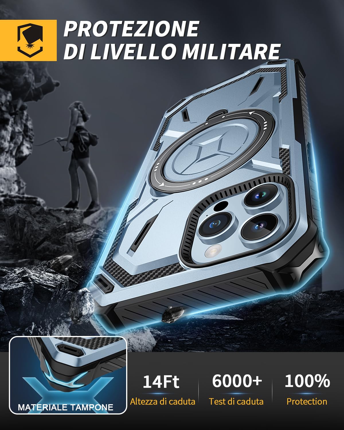 Lanhiem Cover per iPhone 13 Pro Max con 2 Pezzi Vetro Temperato, Supporto Magnetico Anello a 360° Protezione 14FT Antiurto Anticaduta Militare Armor Protezione, Custodia per iPhone 13 Pro Max, Blu