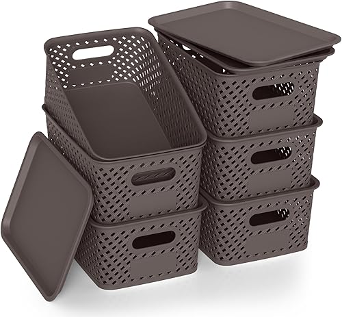 Miniatura 9 de Contenedores de almacenamiento de plástico con tapa, cesta pequeña apilable para organización y contenedores para estantes, cajones, escritorio,