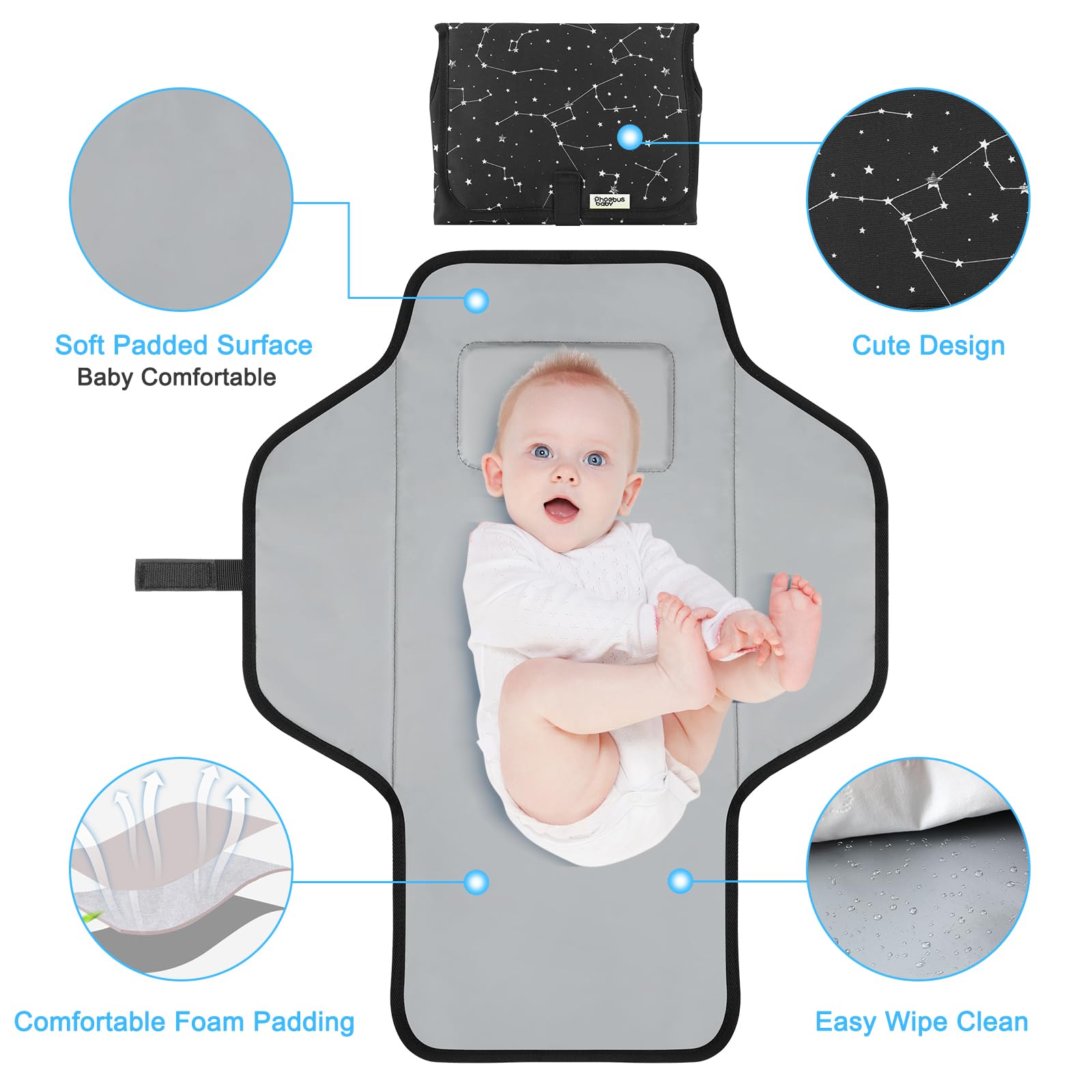 Cambiador portátil de viaje – Cambiador de pañales compacto impermeable con almohada integrada – Cambiador ligero y plegable, regalos de ducha para recién nacidos, estrella