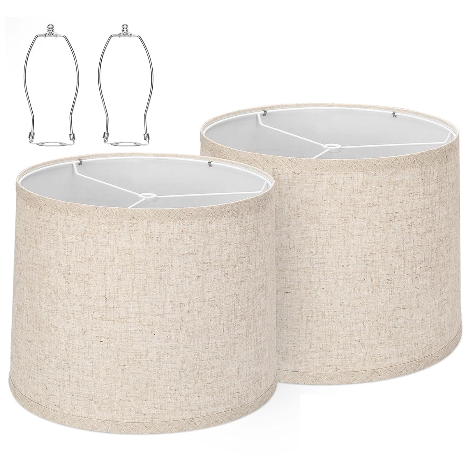drum lamp shades set of 2 for table lamps - 11.6" top x 12.6" bottom x 9.8" high, qvtekn medium beige lampshades for floor lamps (spider fitter), natural linen handcrafted with easy assembly