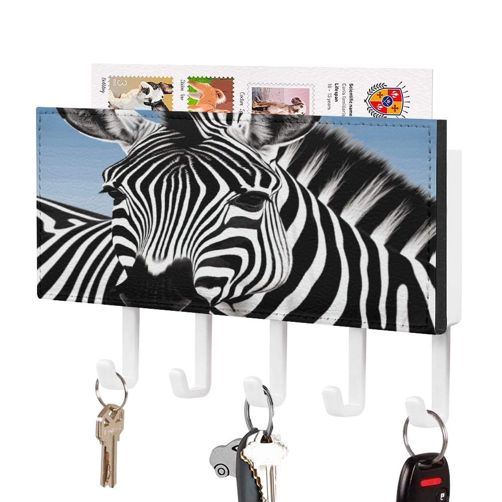 FekiLoot Zebra Key Holder Wall Mount Key and Mail Holder Key Hanger with 5 Hooks Decorative PU Key Rack Hanging Key Hooks for Wall Living Room Kitchen Bathroom Hallway White-Style