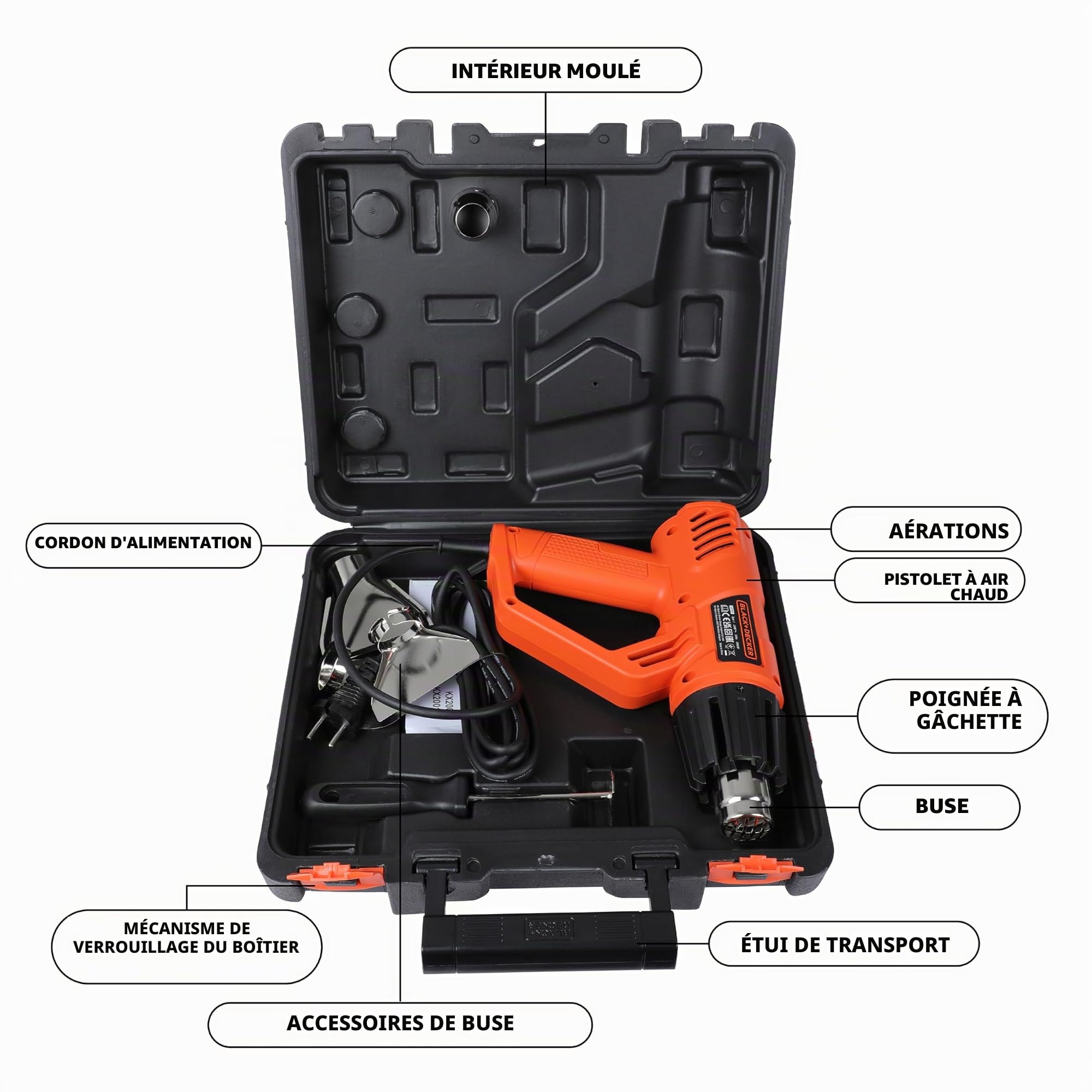 BLACK+DECKER KX2001K-QS Décapeur thermique filaire - 8 accessoires - Livré en coffret 2000W, 230V, 2000W