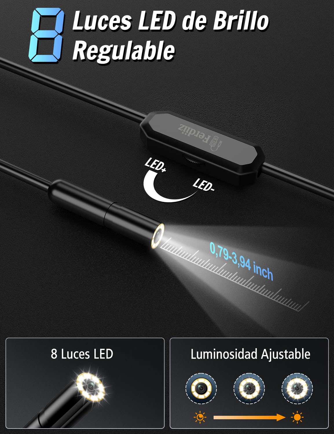 Endoscopio 1920P HD IP67 Lente con 8 Luces LED Ajustables, Camara Endoscopica Sin WiFi para Android y iOS, Cámara de Inspección Cable Semi-Rígido (16,5 FT/5M)