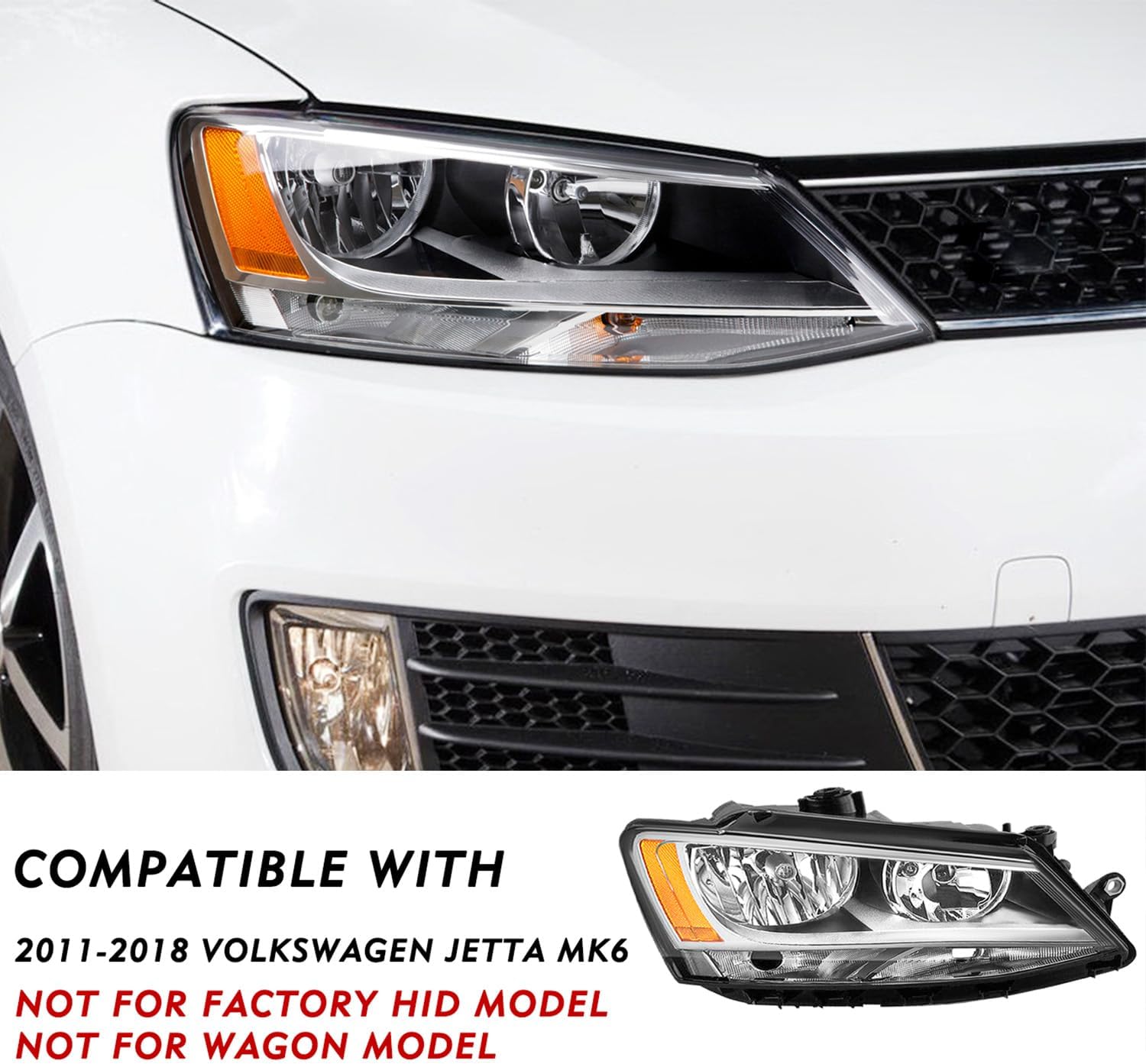 Headlight Assembly Fit for 2011-2018 Volkswagen Jetta MK6 OE Headlamp Driver and Passenger Side Headlights Chrome Housing & Amber Reflector Bulbs Included