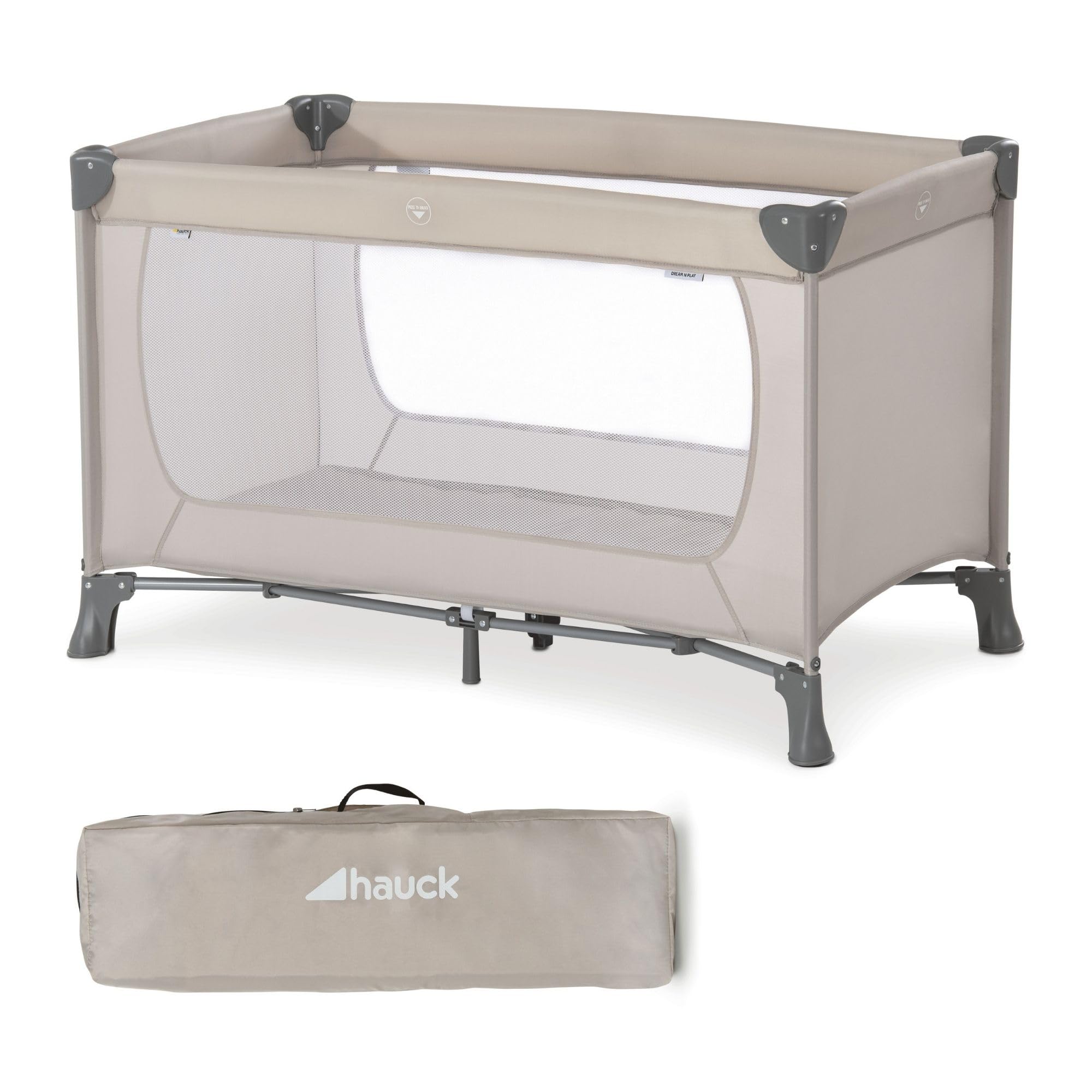 hauck Dream N Play Reisebett ab Geburt bis 15 kg, Beige – kompakt zusammenklappbar, inkl. Tragetasche und Faltboden