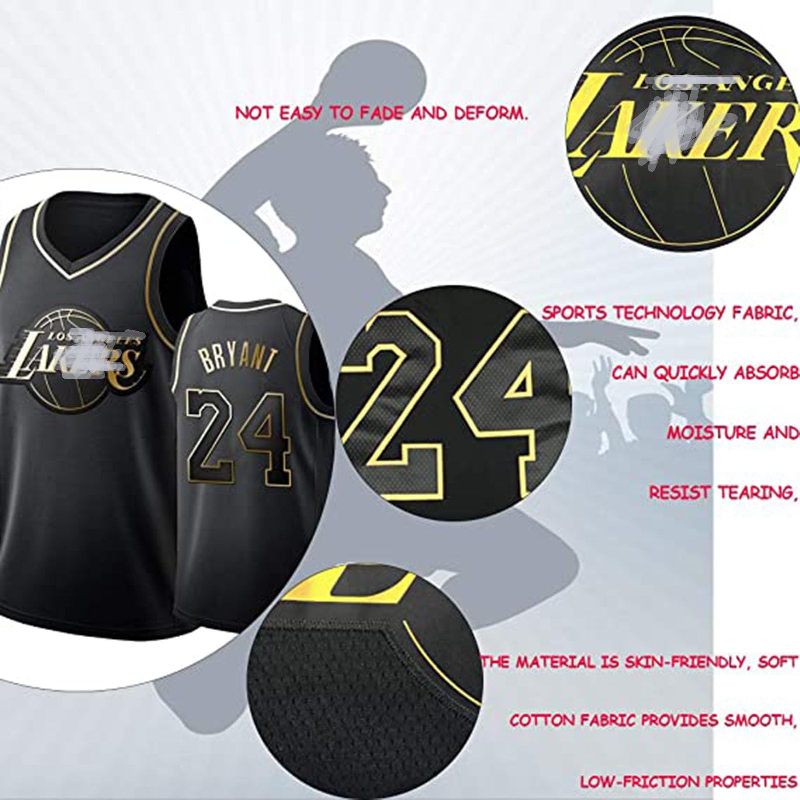 # 24 Nero Oro Basket Jersey, Unisex senza maniche Sport Vest Shirt.
