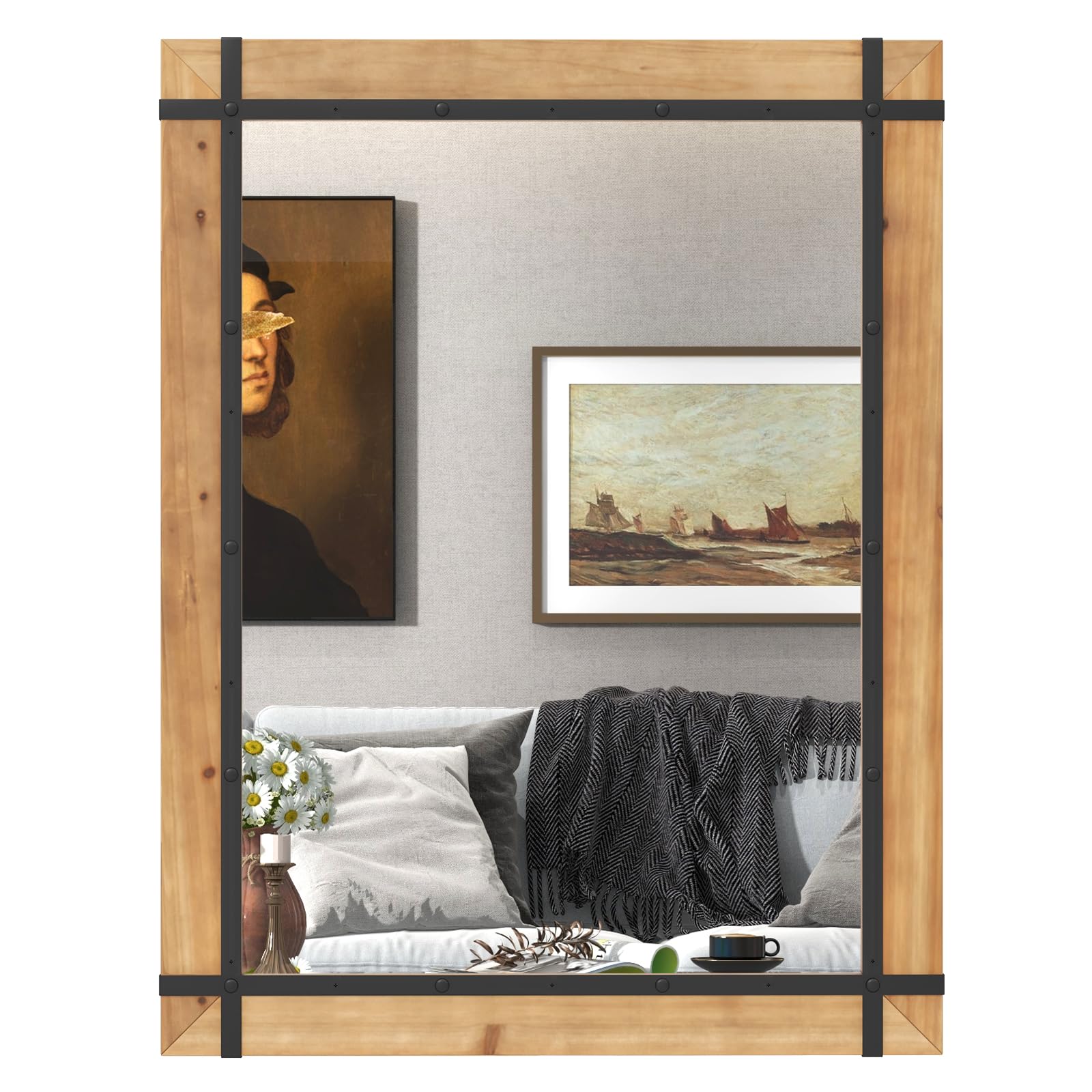 GOPLUS 100 x 77 cm Espejo de pared Decorativo, Espejo rectangular de baño con marco de madera, decoración metálica, espejo colgante rústico con ganchos, para dormitorio, sala de estar, entrada