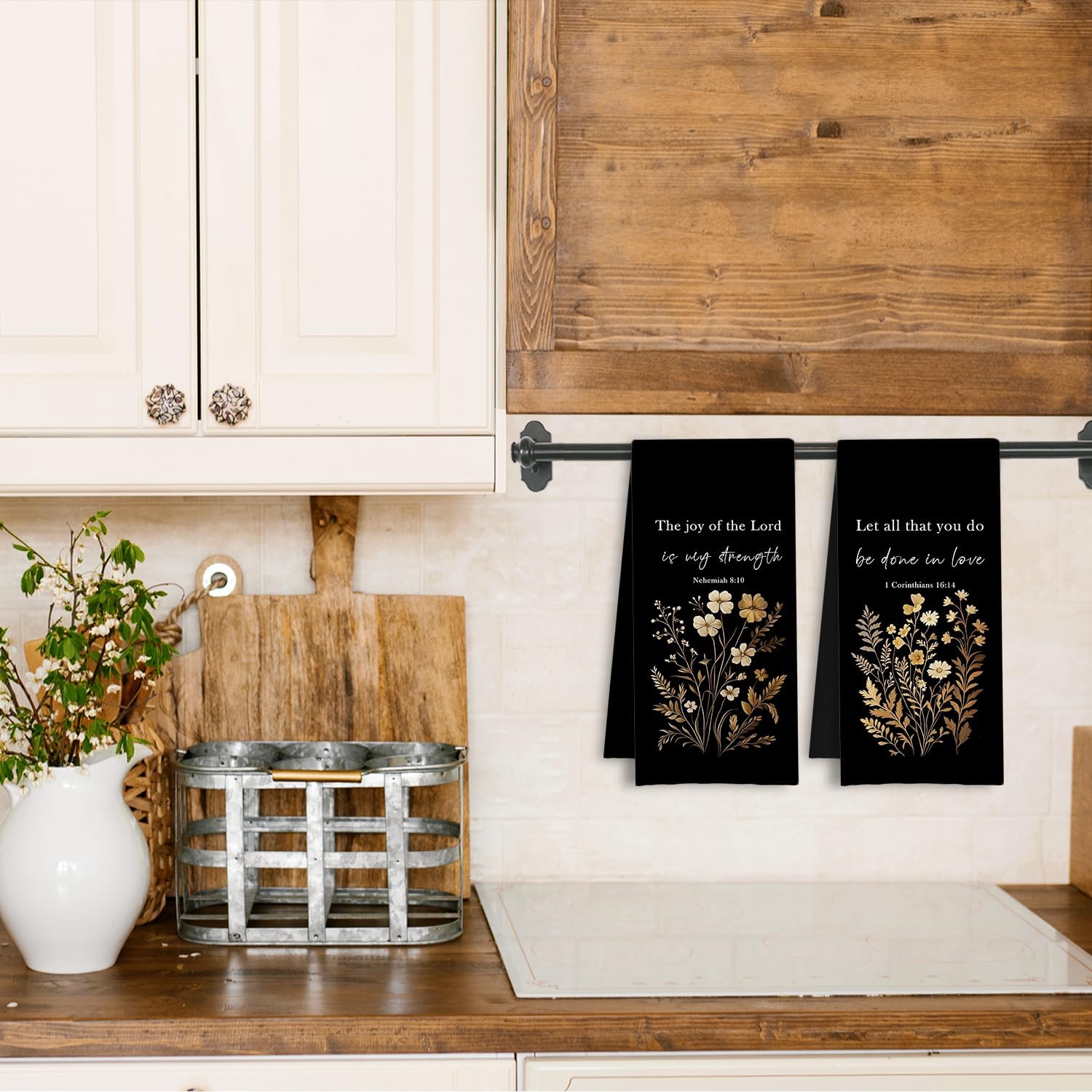 Rustic Floral Christian Kitchen Towels, Bible Verse Gifts Dish Tea Towels, Christian Religious Gifts Decorative Hand Towel for Bathroom Kitchen, 16x24 Inch Set of 2 image 2