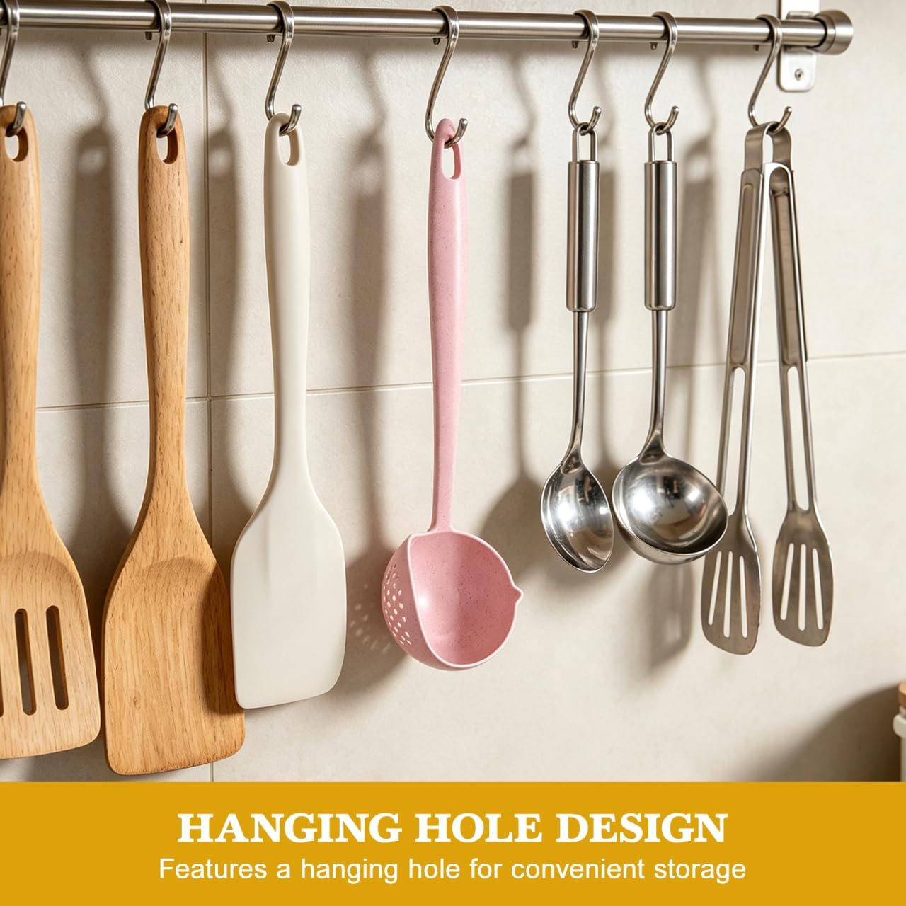 ULTECHNOVO 2 in 1 Straining Ladle Slotted Ladle Spoon with Filter Hole Pink Plastic Soup Serving Spoon for Hot Pot Oil Separation Hanging Storage Dishwasher Safe