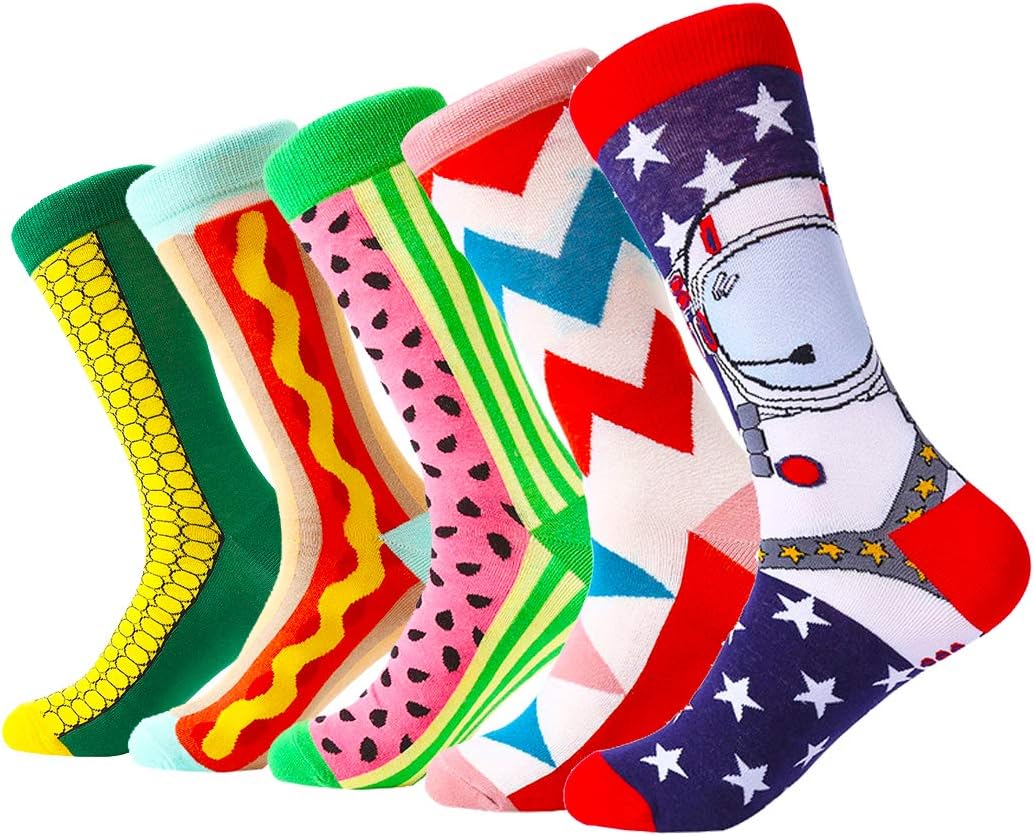 Mixsense Mens Dress Funky Colorful Design Socks For Men Cotton Crew Socks 5 Pack
