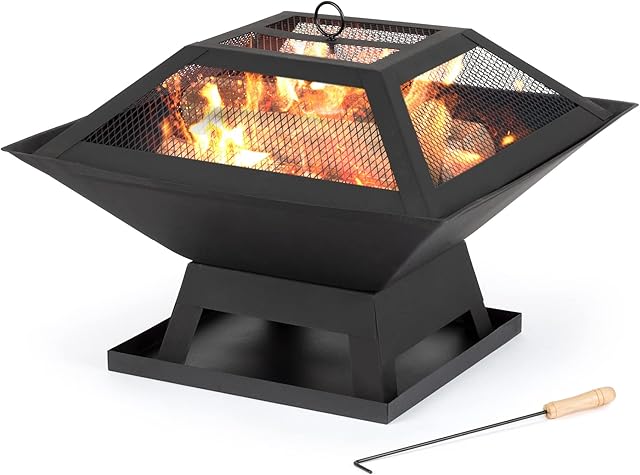 LIVIVO Outdoor Garden Fire Pit Firepit Brazier Burner Square Stove with Protective Mesh Spark Guard Cover Outdoor Heater With BBQ Grill (34cm)