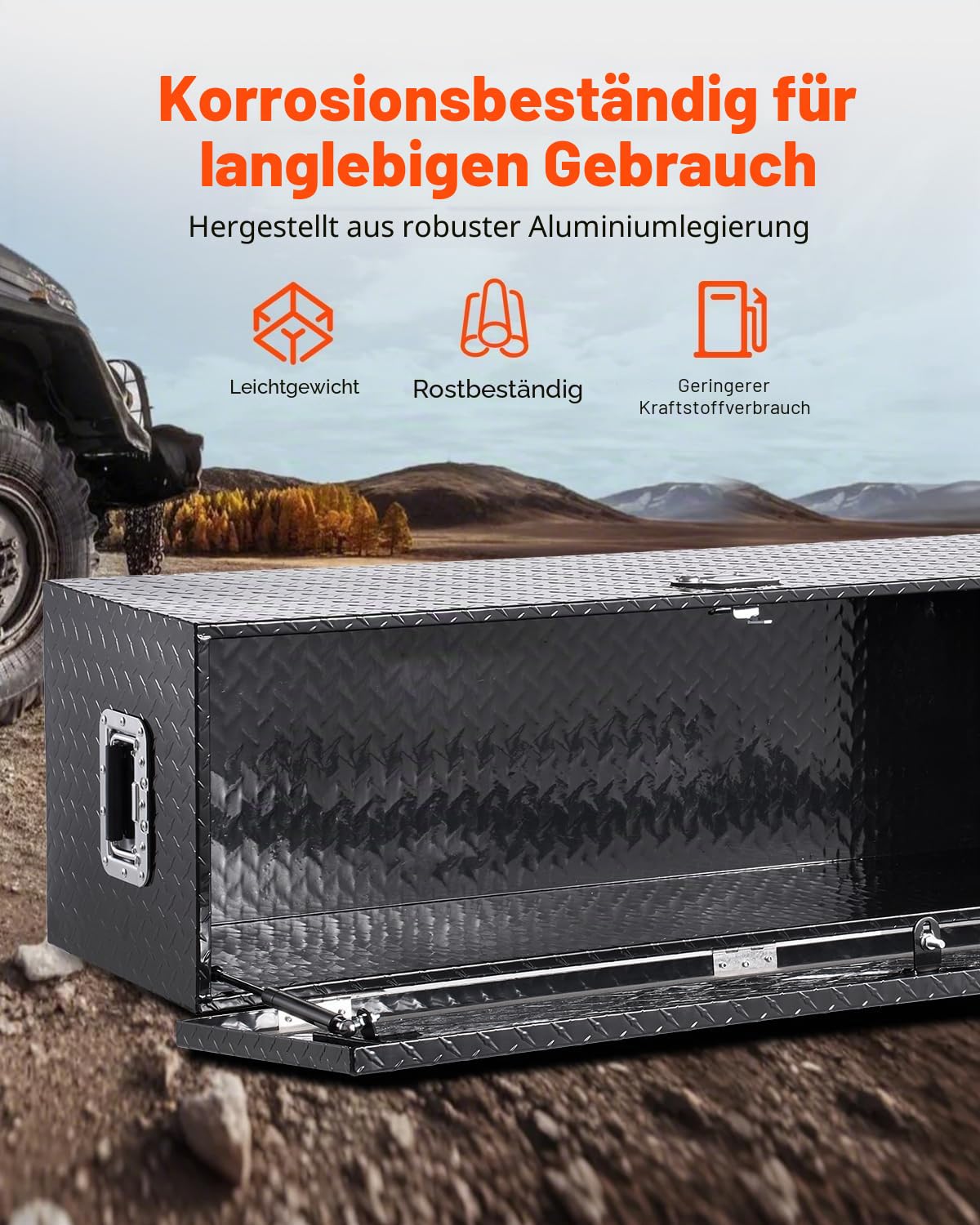 VEVOR Werkzeugkasten aus Aluminium für die Ladefläche mit seitlichem Griff und Schlossschlüsseln, Aufbewahrungs-Werkzeugkiste für Anhänger Pickup Wohnmobil (1244,6 x 381 x 381 mm) Schwarz