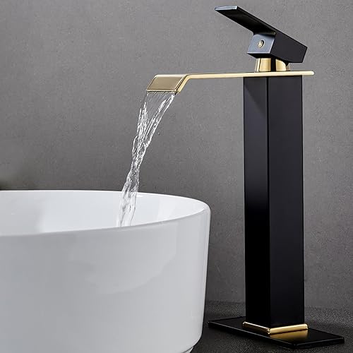 Borlon Grifo de baño alto en cascada para 1 agujero, grifo de baño de una sola manija negro y dorado para fregadero de recipiente, moderno grifo de