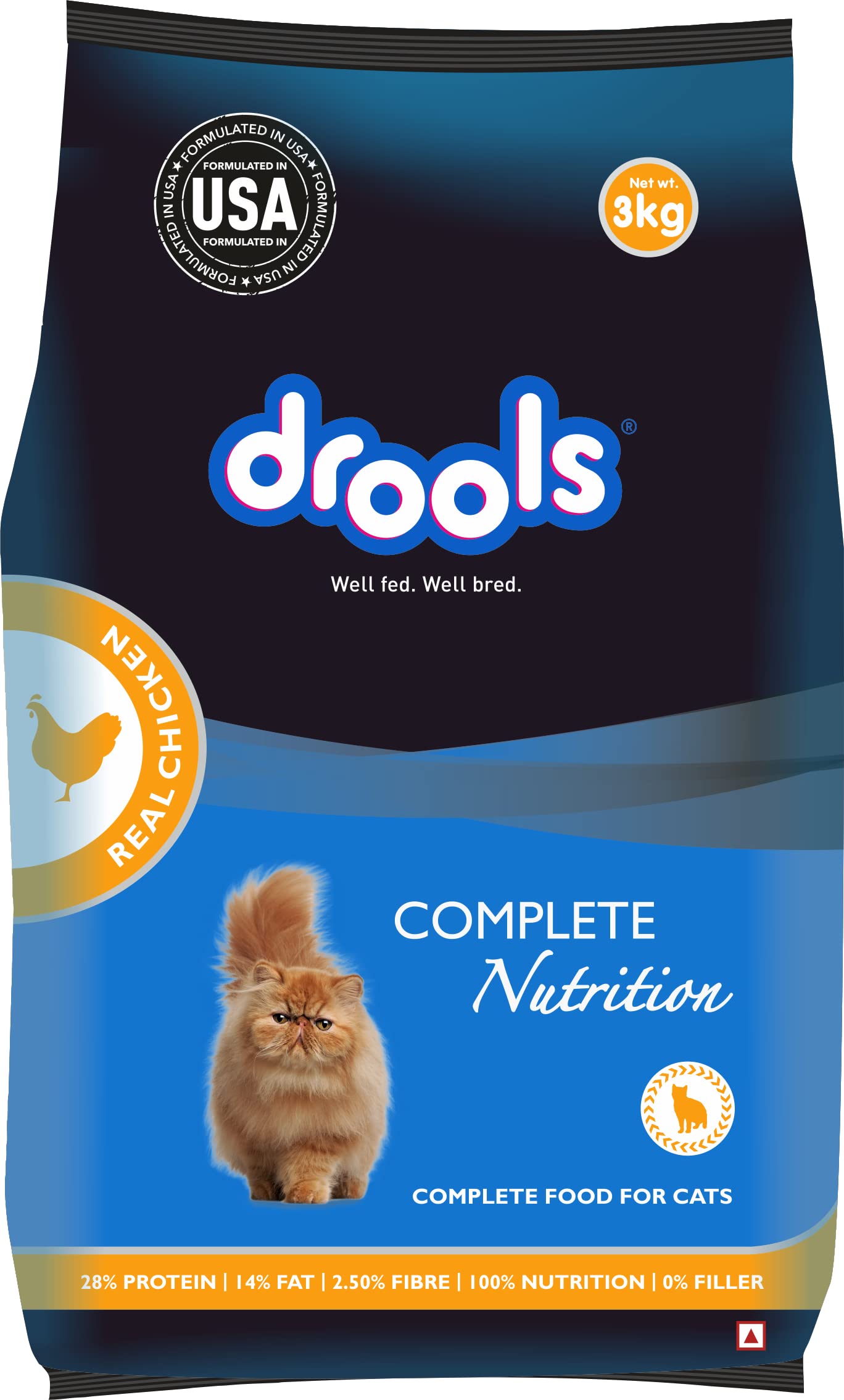 Drools Adult Dry Cat Food, Chicken, 3 Kg | 100% Nutritious Diet With Real Chicken, Hairball Control, Taurine For Heart & Vision, Omega 3 & 6 For Healthy Skin & Coat, Supports Digestion & Immunity
