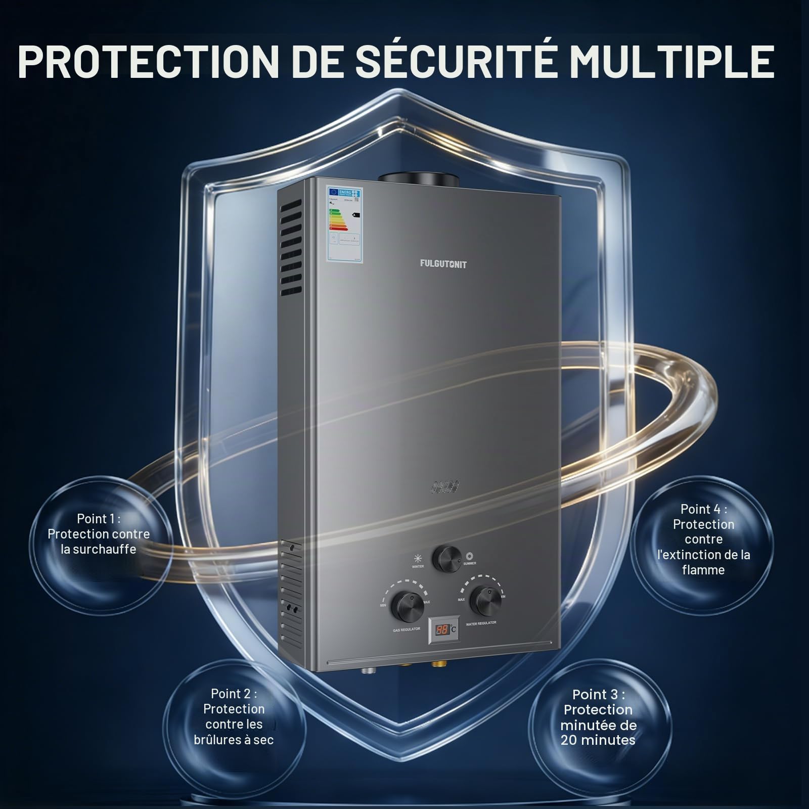 Fulgutonit 18L Chauffe-Eau à Gaz,36Kw Chauffe-Eau Butane Propane avec Pomme de Douche et Affichage Digital, Allumage de la Batterie,0.25 Bar Pression d'Eau Démarrage,pour Maison,Cabine