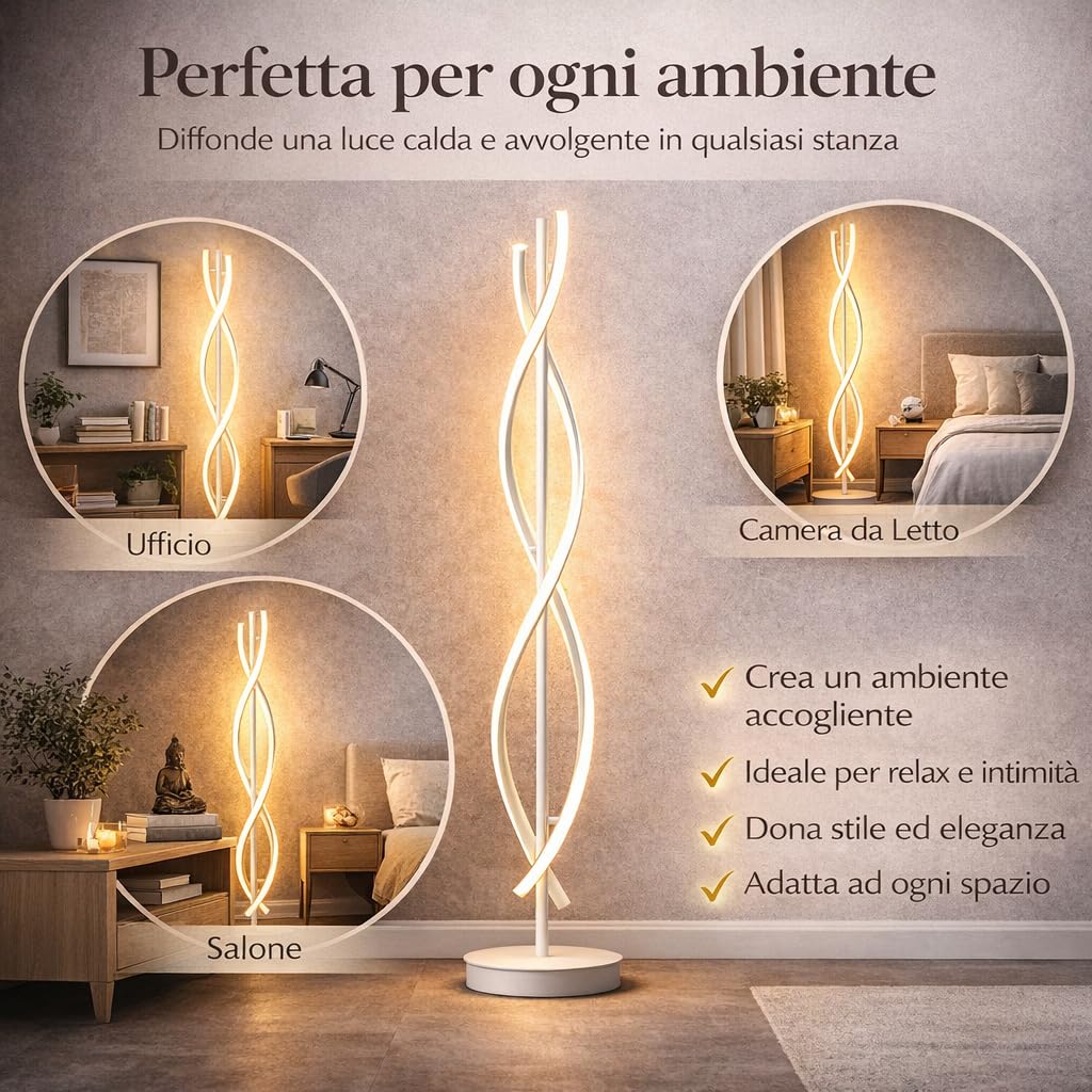 Arcadia Lampada da Terra LED Moderna Forma di Spirale | Piantana Design Contemporaneo | Luce Calda/Fredda | Lampada Salotto Camera da Letto Studio, Arredo Interni Elegante 150 cm (Bianco)