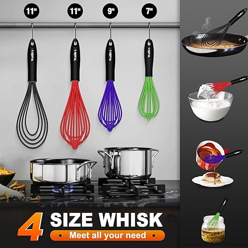 Miniatura 5 de Walfos Batidor, batidor para cocinar sin arañazos. Juego de 4 batidores de silicona para cocina, Wisk-11 pulgadas y batidor de globo de 7+9+11